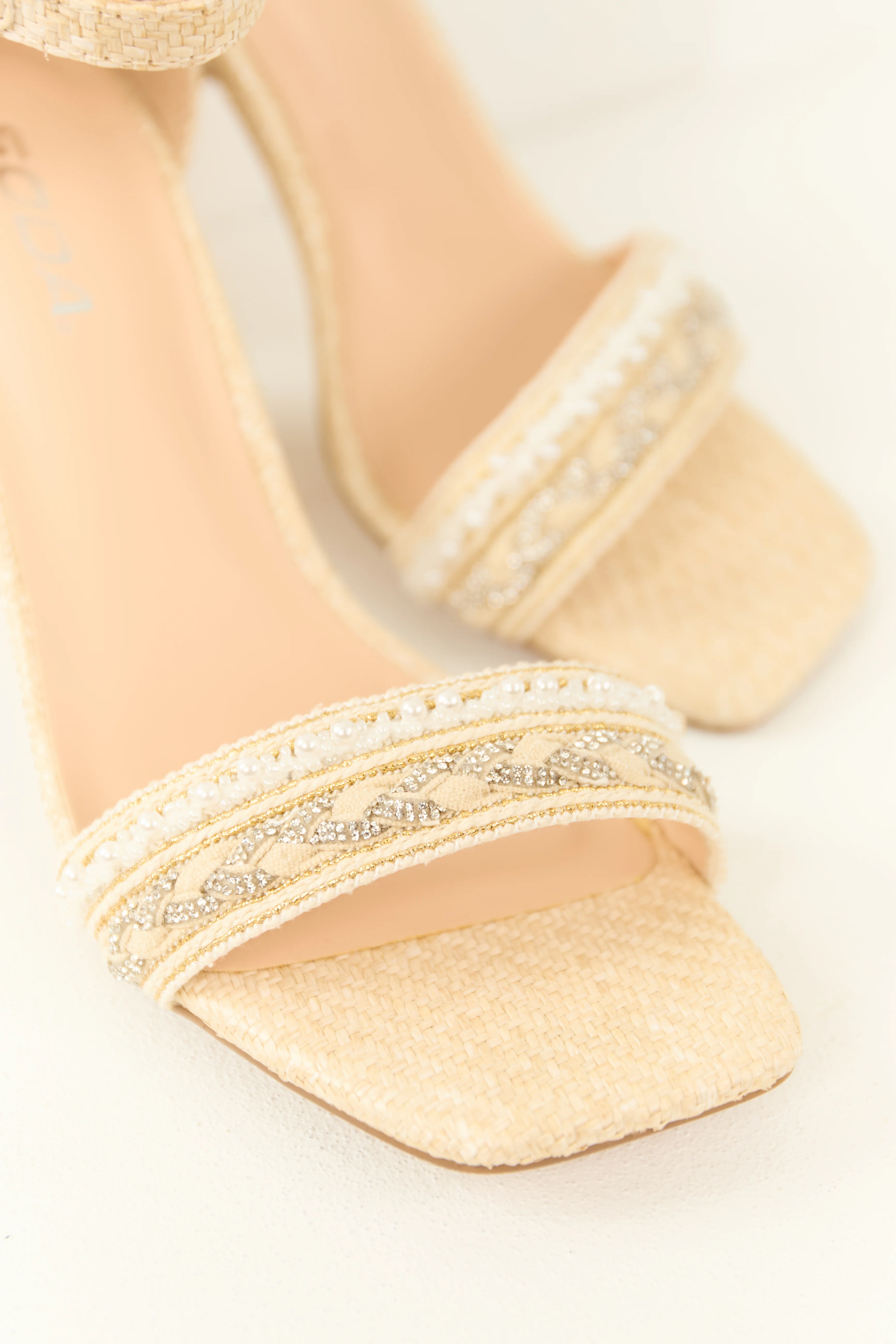 Sand Woven Open Square Toed Rhinestone Heels - Image 3