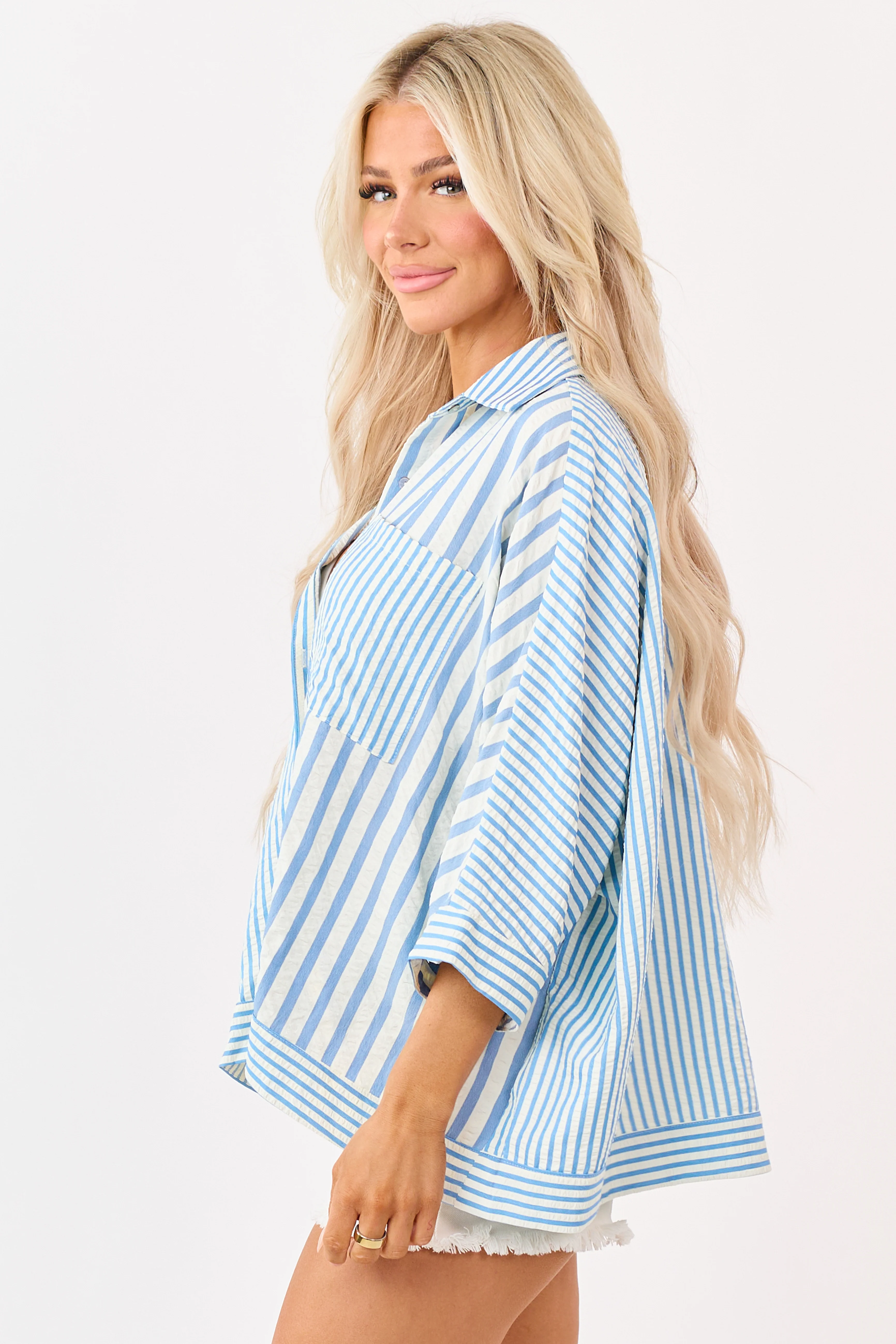 Sapphire Mixed Stripe Button Down Relaxed Top - Image 4