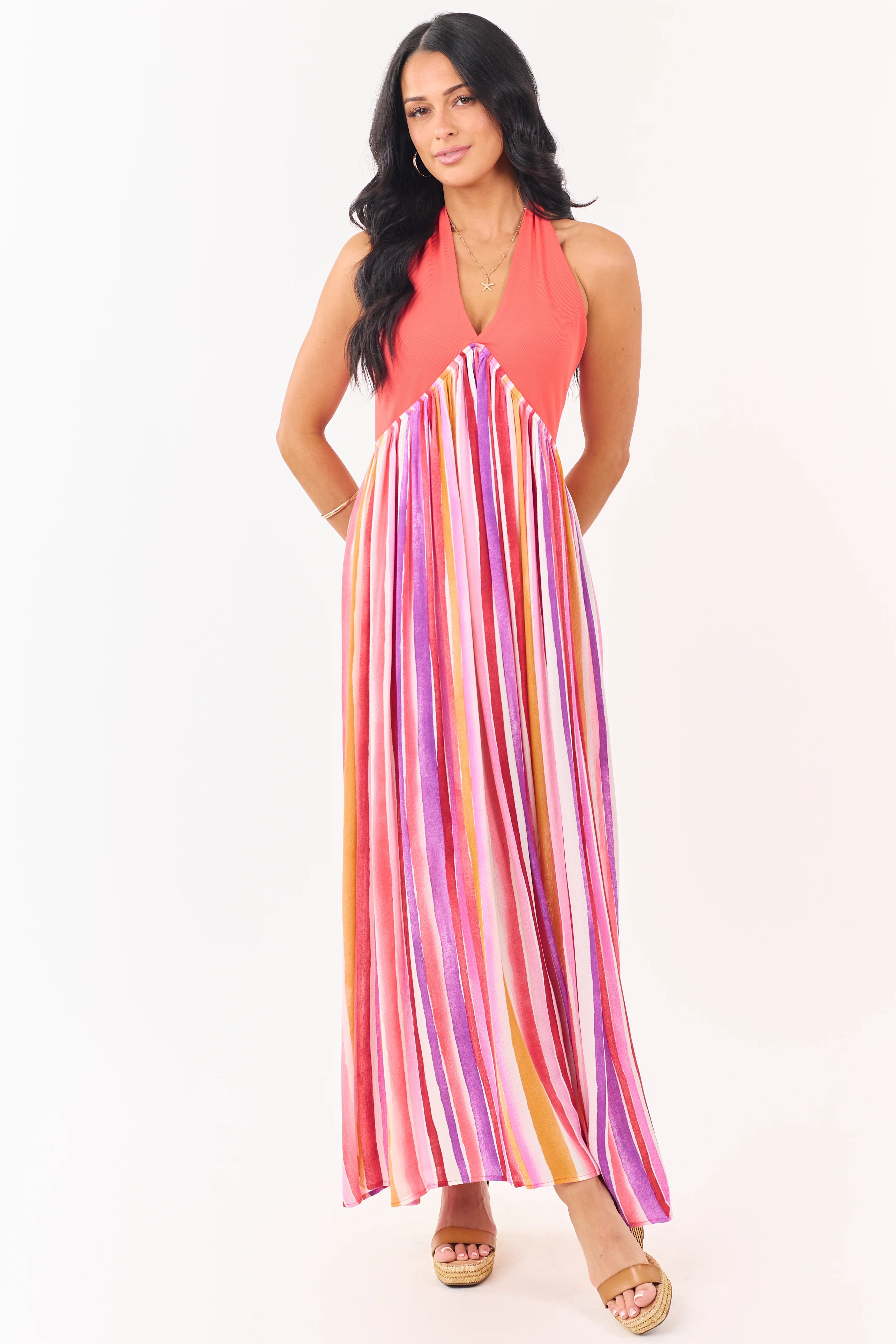 Scarlet Halter Neck Contrast Striped Maxi Dress - Image 2