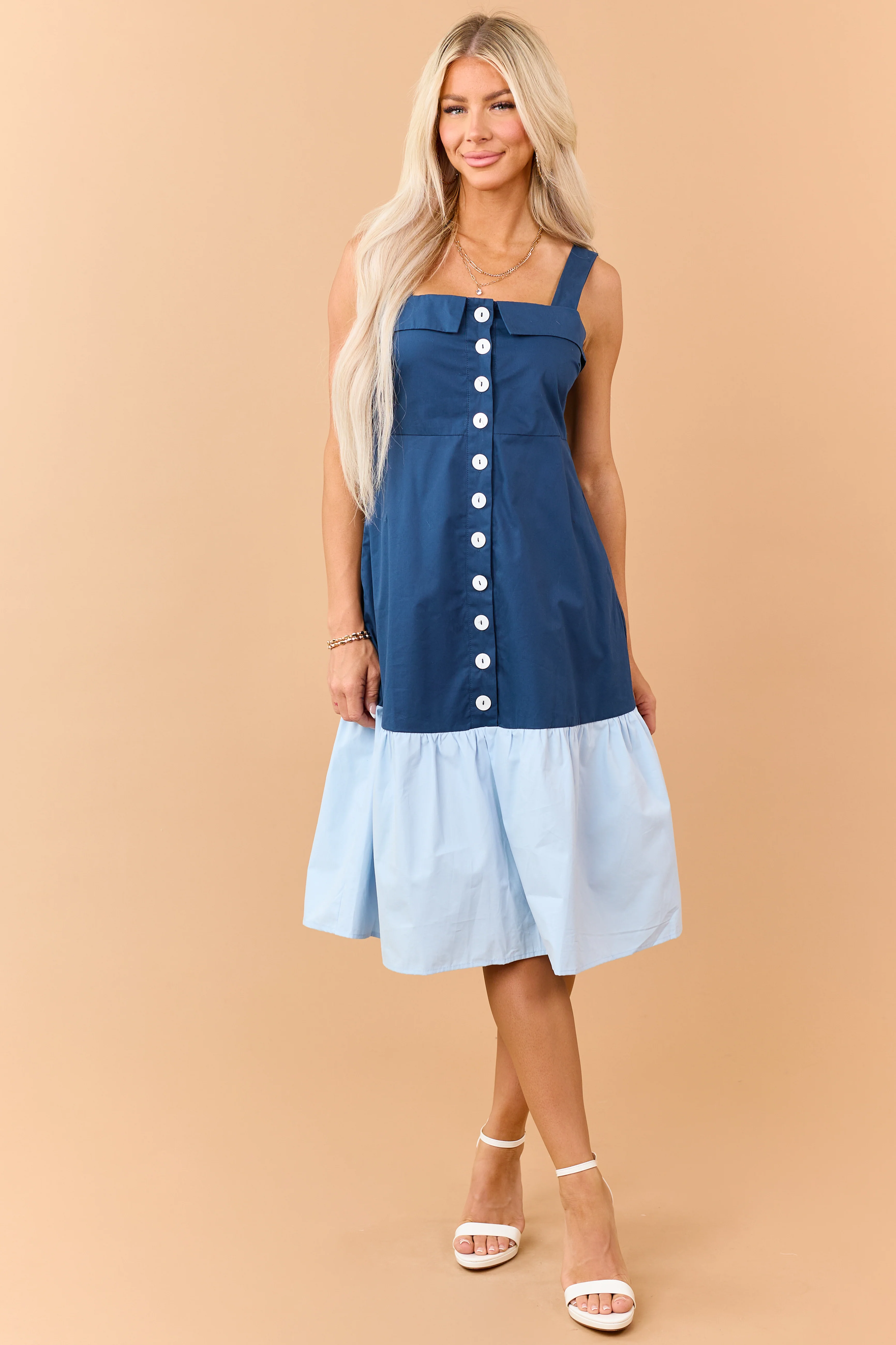 Sea Blue Button Down Colorblock Cotton Midi Dress - Image 3