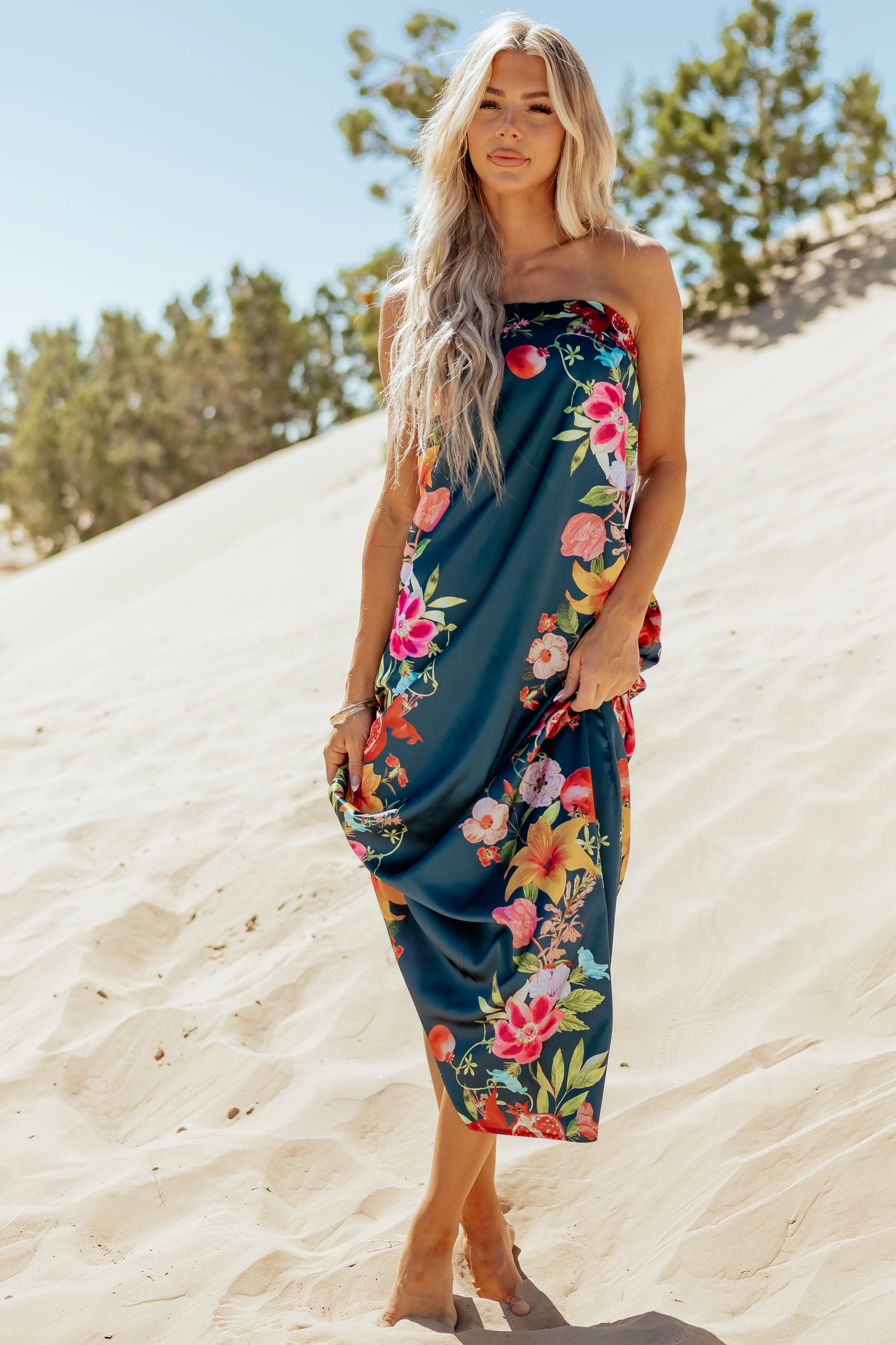 Sea Blue Satin Floral Print Strapless Maxi Dress - Image 3