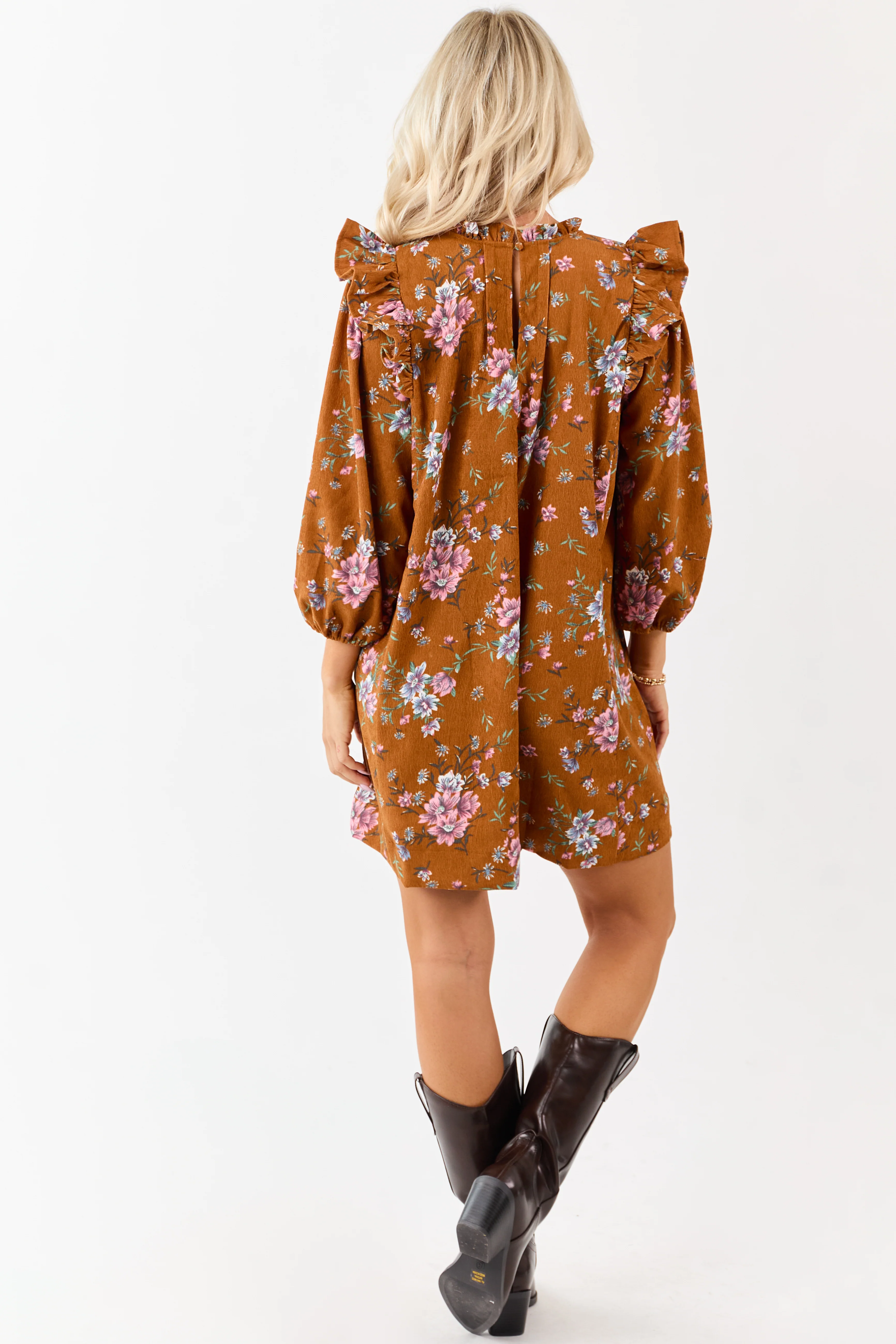 Sedona Floral Corduroy Pintuck Ruffle Mini Dress - Image 7
