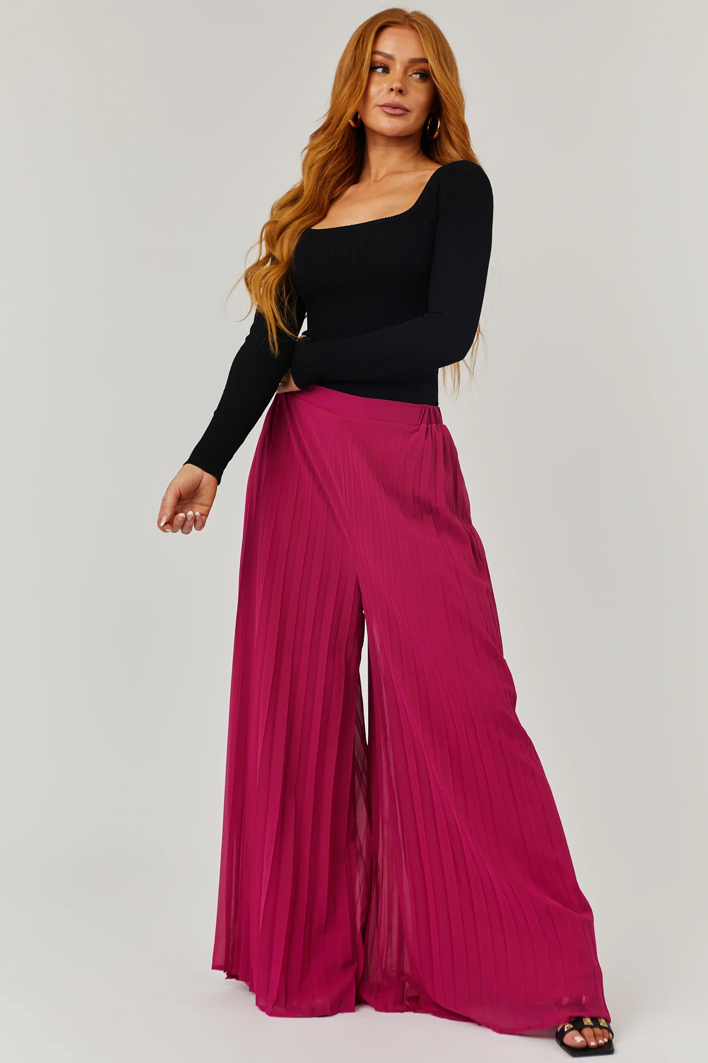 She+Sky Mulberry Pleated Chiffon High Rise Wide Leg Pants - Image 4