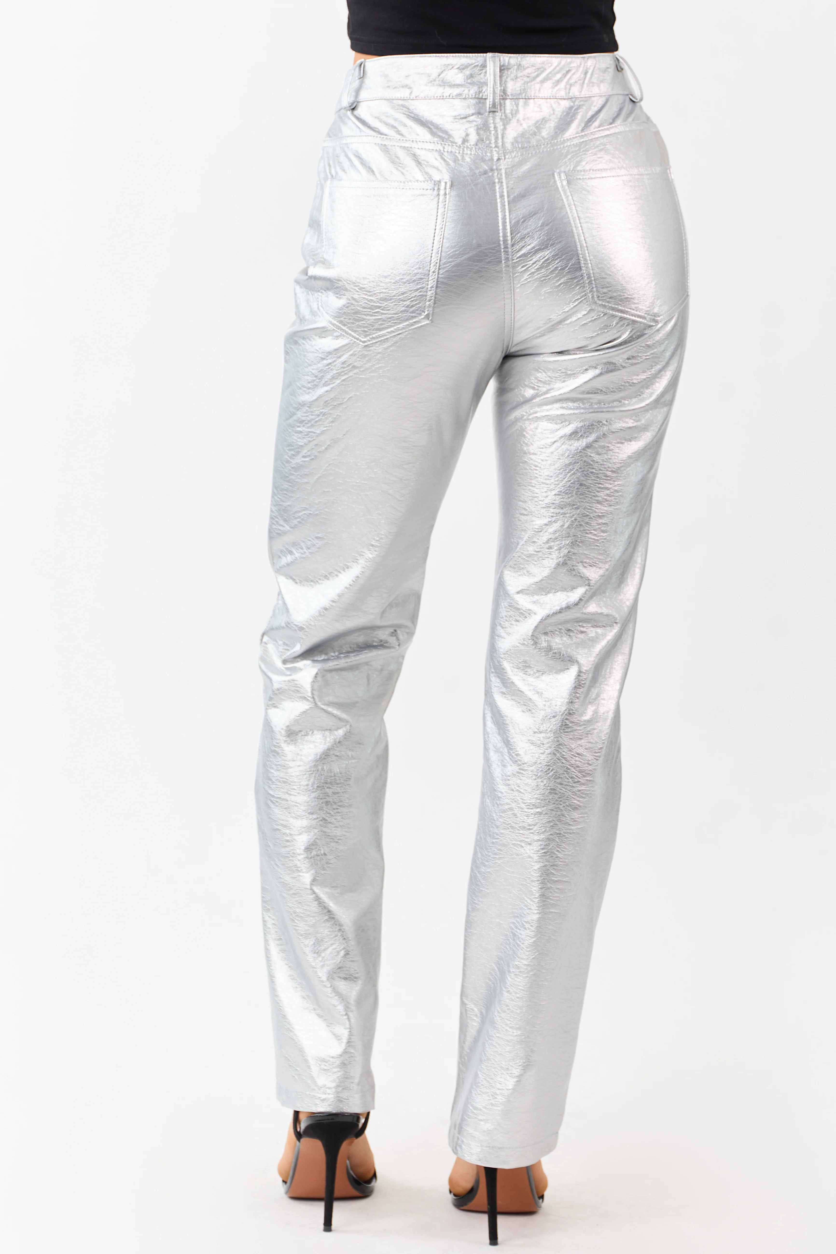 Silver Metallic Faux Leather Straight Leg Pants - Image 5