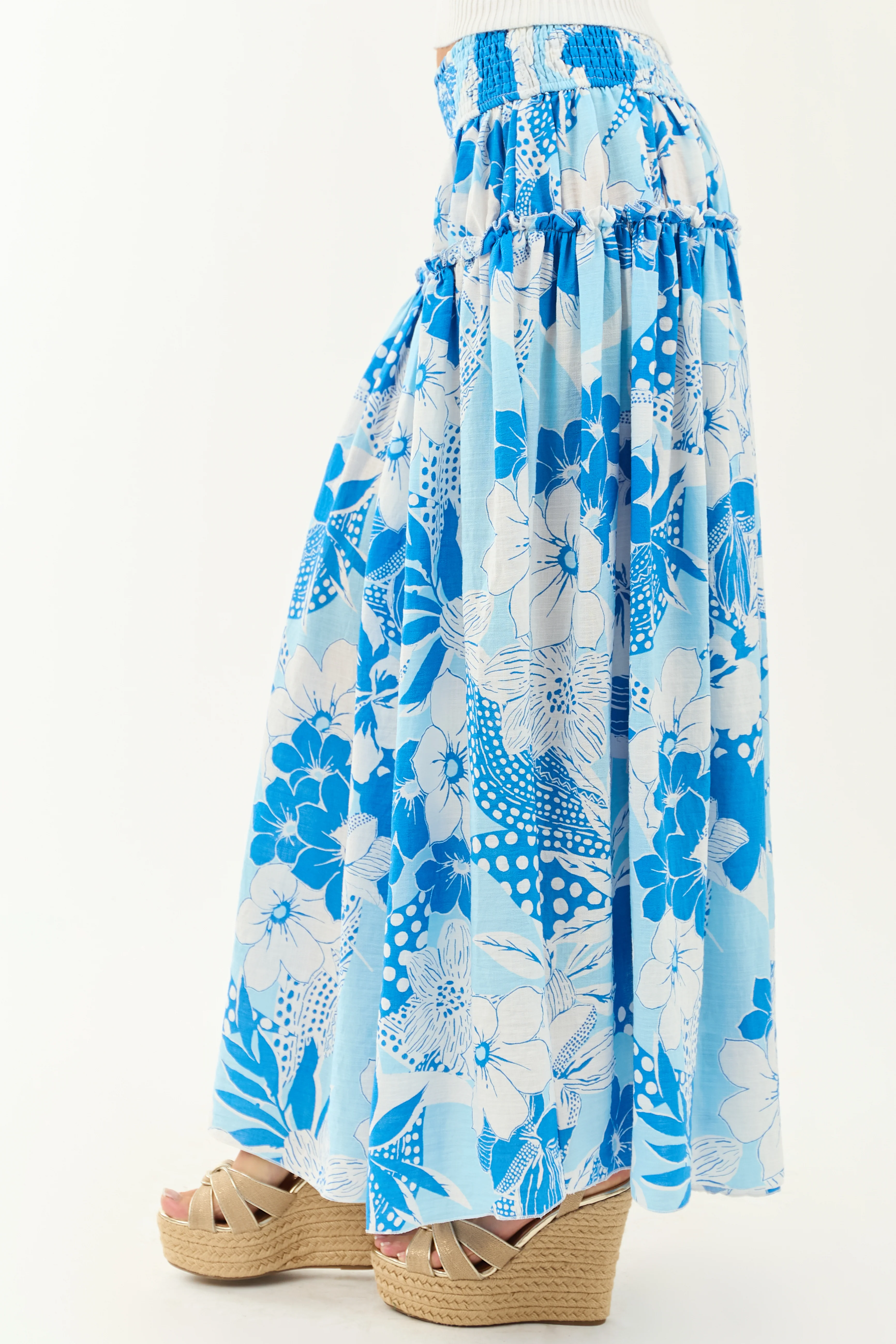 Sky Blue Vacation Print Smocked Maxi Skirt - Image 3