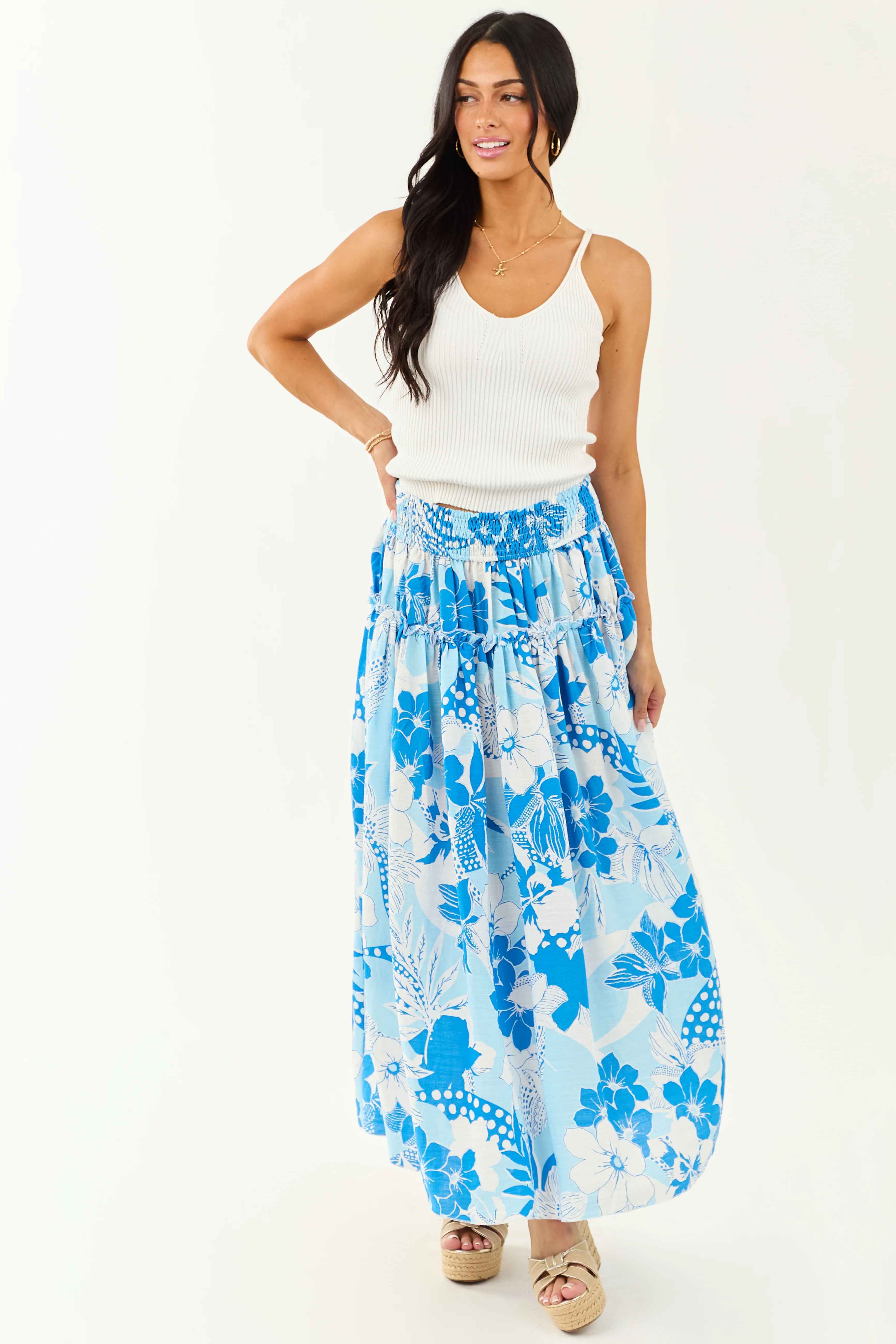 Sky Blue Vacation Print Smocked Maxi Skirt - Image 7