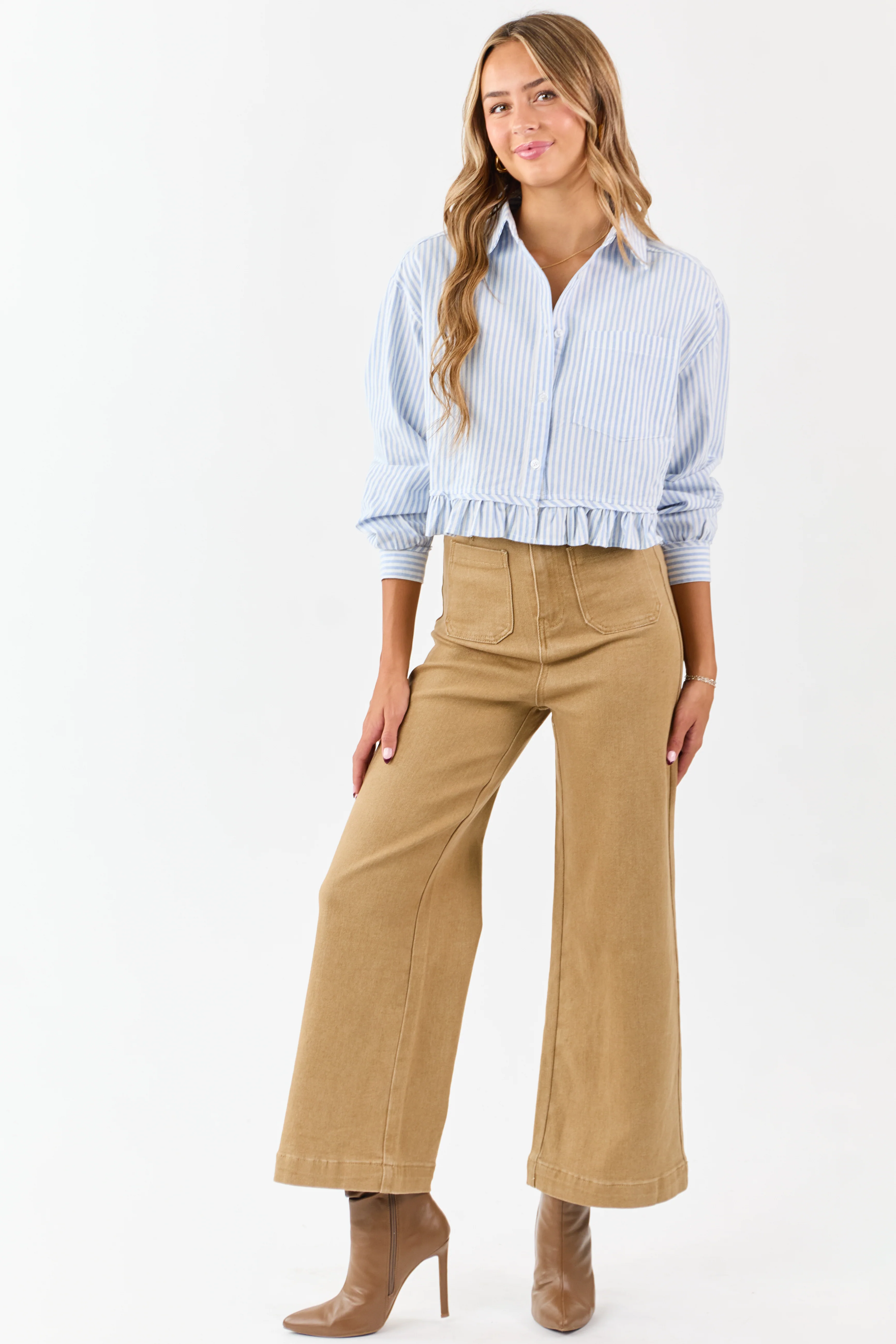 Sky Blue and White Striped Cotton Button Up Top - Image 2