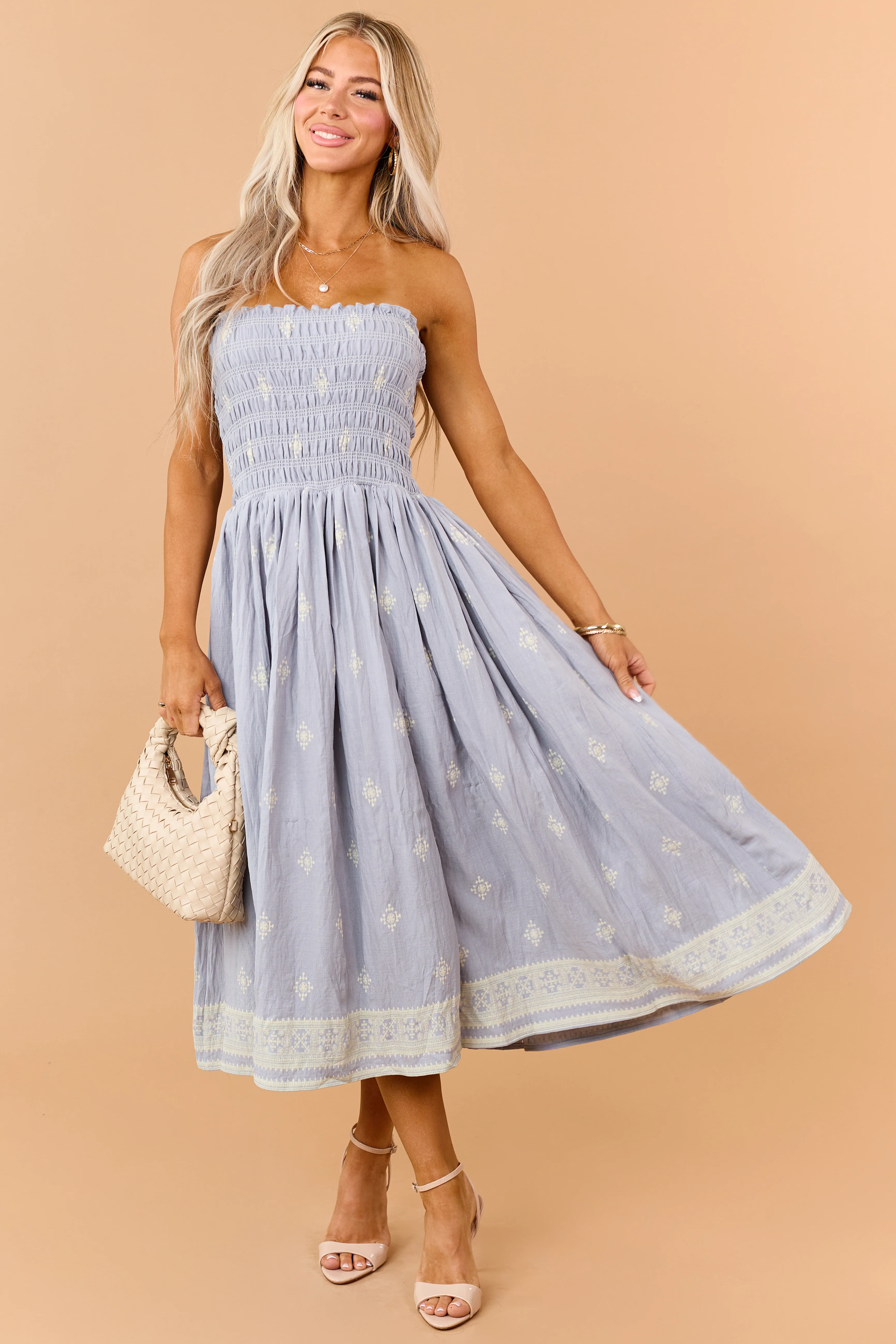 Slate Blue Cotton Smocked Strapless Midi Dress - Image 3