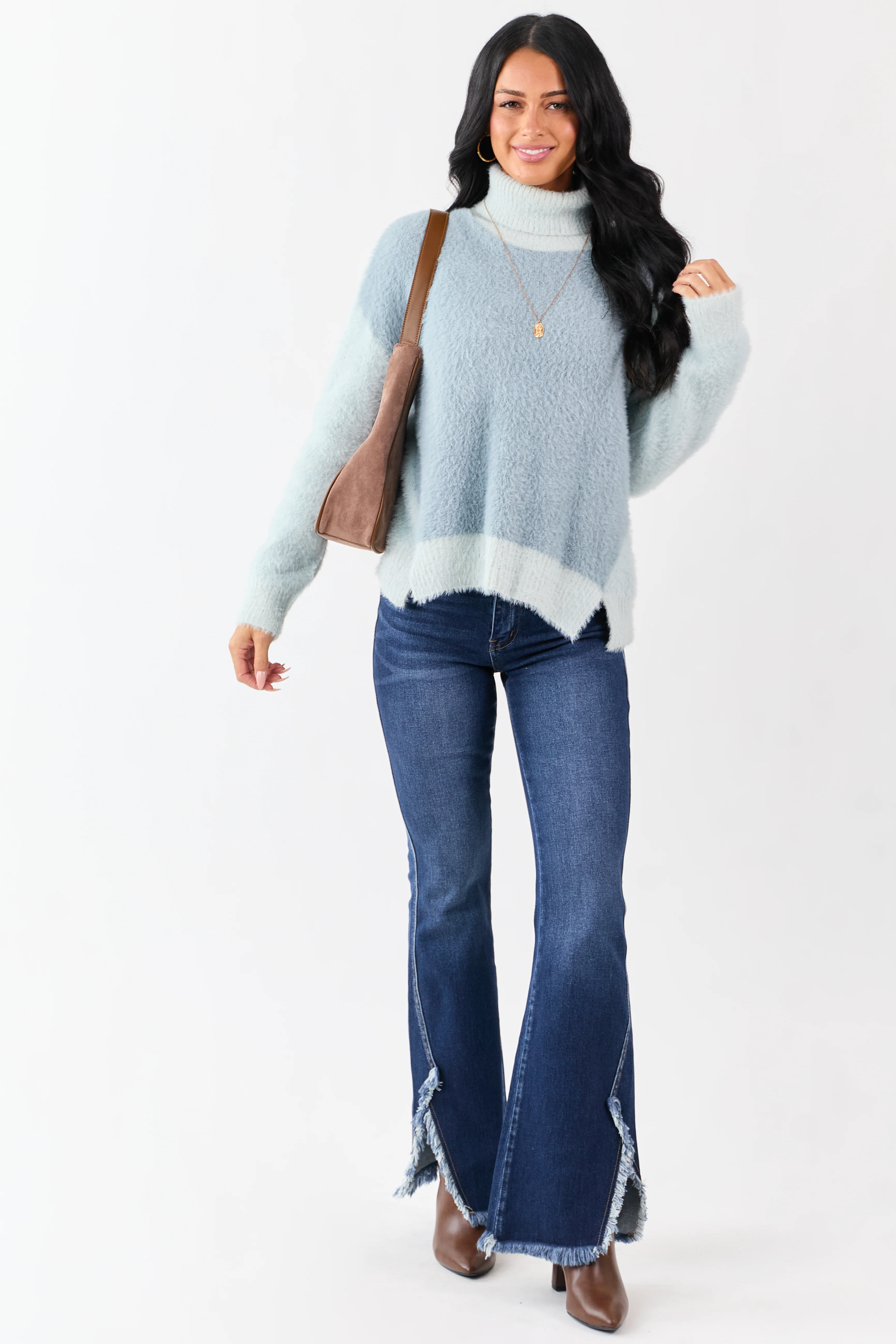 Slate Blue Fuzzy Turtleneck Colorblock Sweater - Image 3