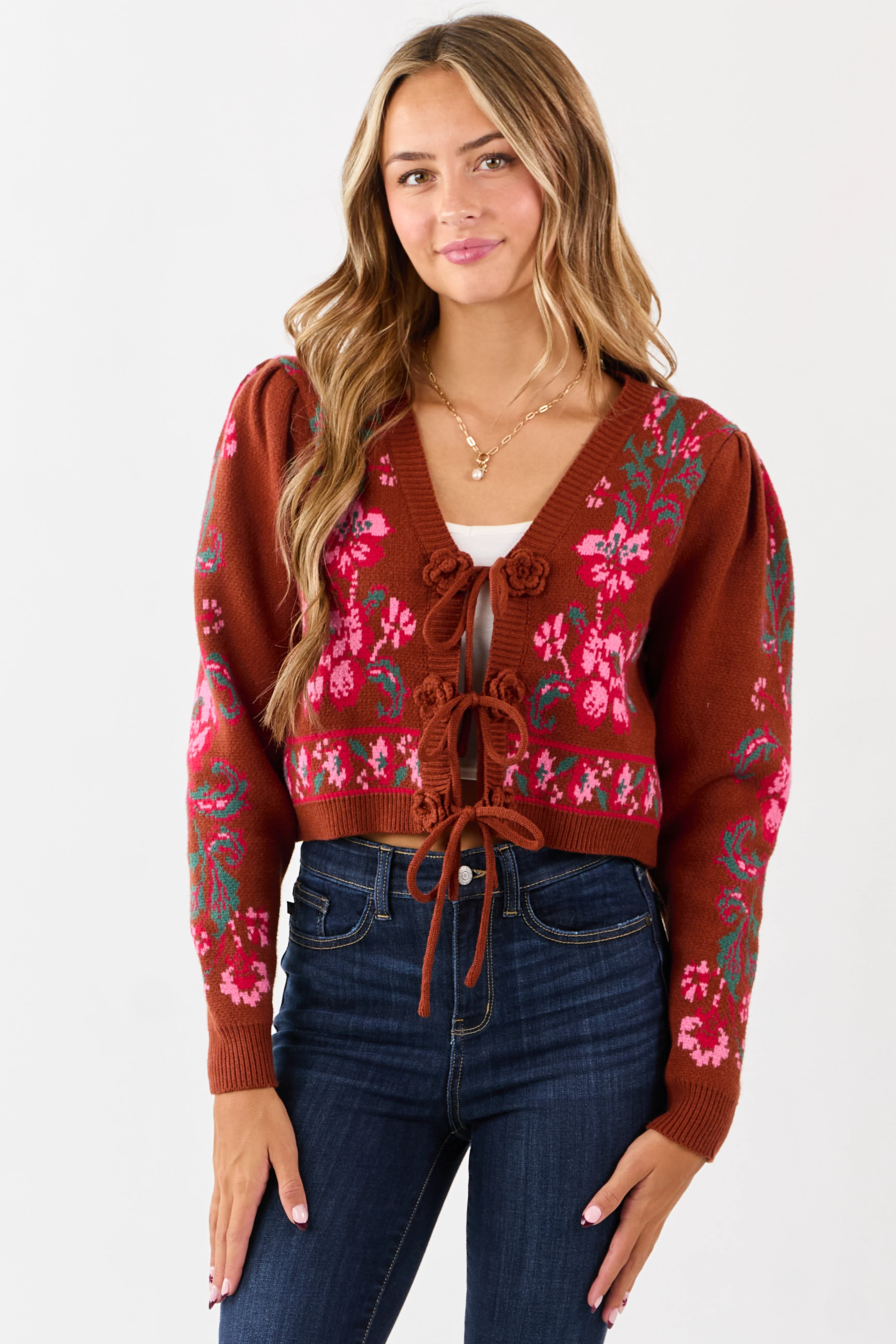 Spice Floral Print Tie Front Cropped Knit Cardigan - Image 2