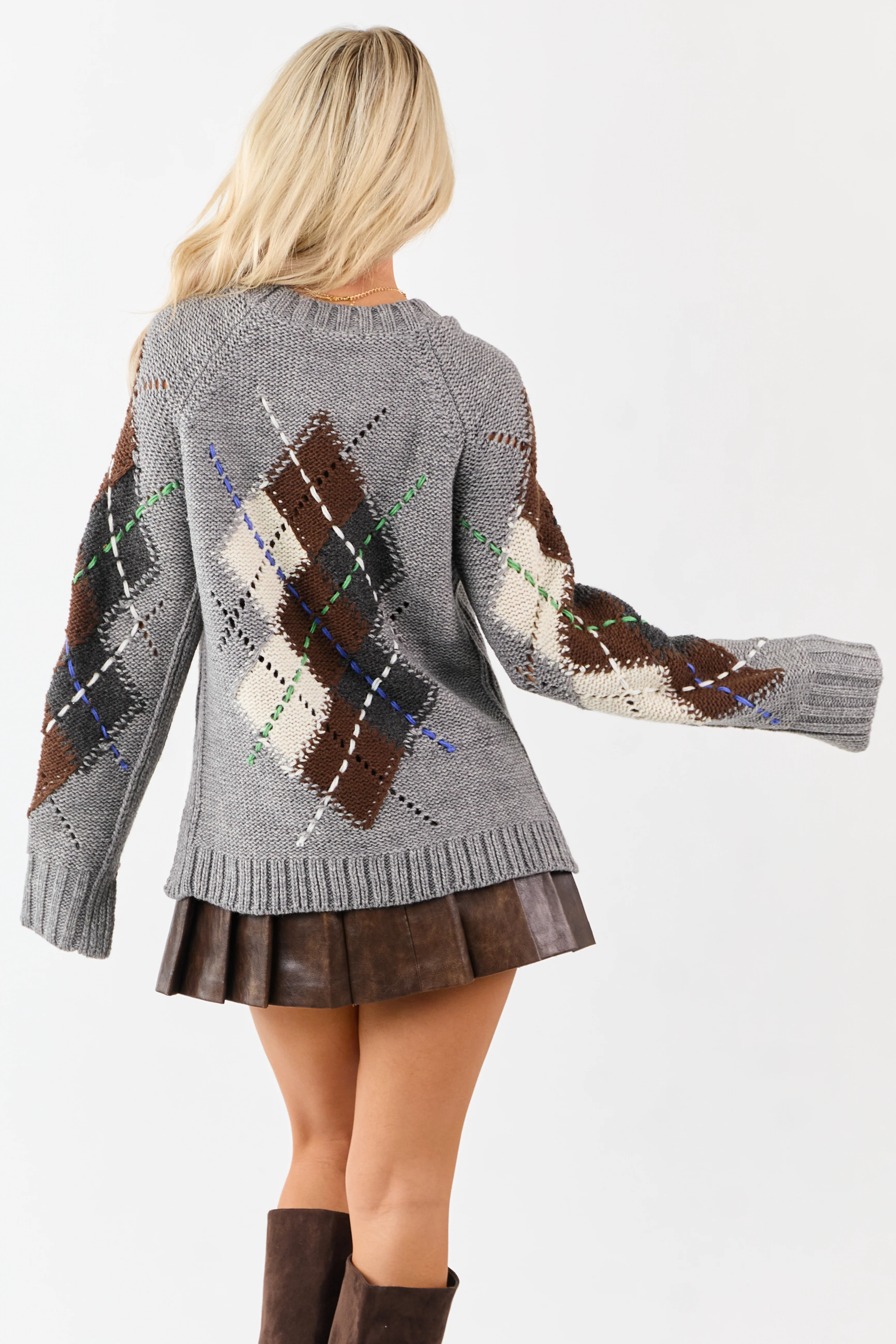 Stone Argyle Wool Blend Long Sleeve Sweater - Image 5