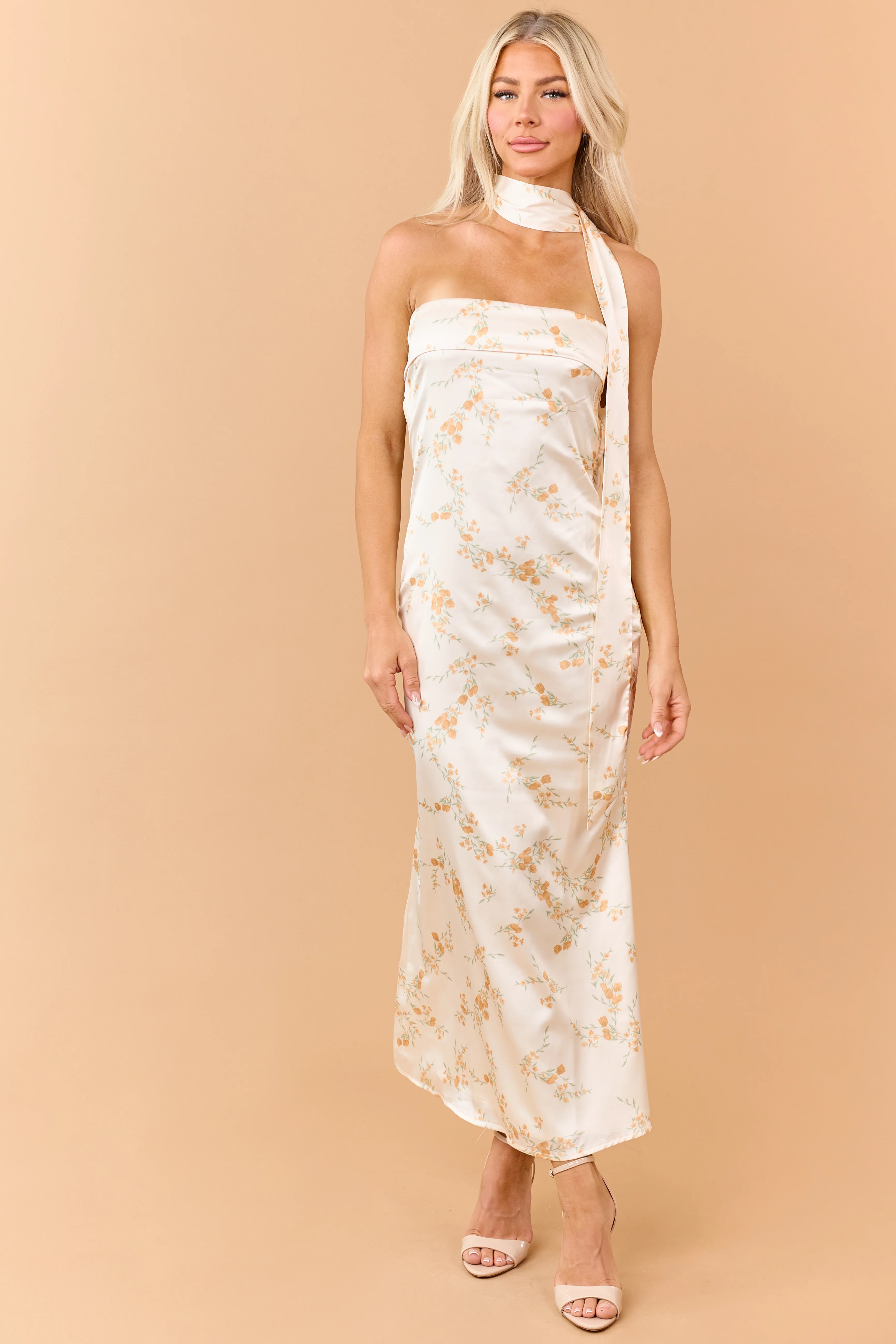 Sunrise Floral Print Satin Maxi Dress with Scarf - Image 8