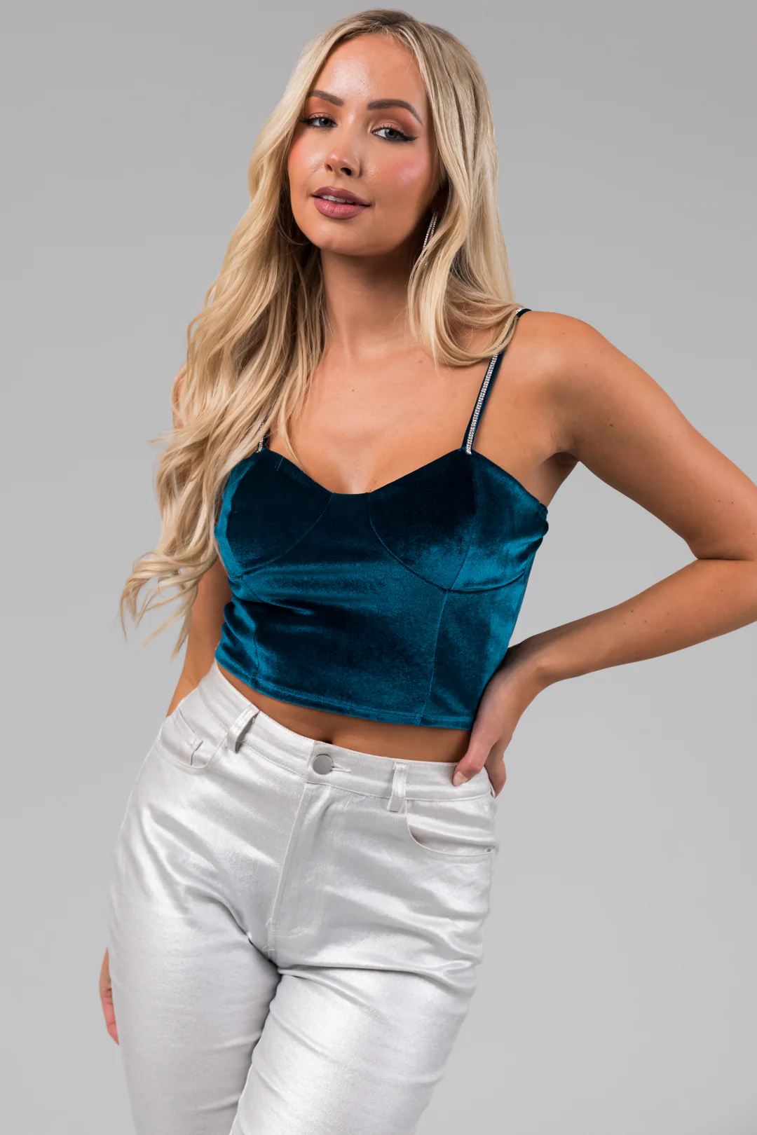 Teal Rhinestone Strap Velvet Bustier Crop Top - Image 3