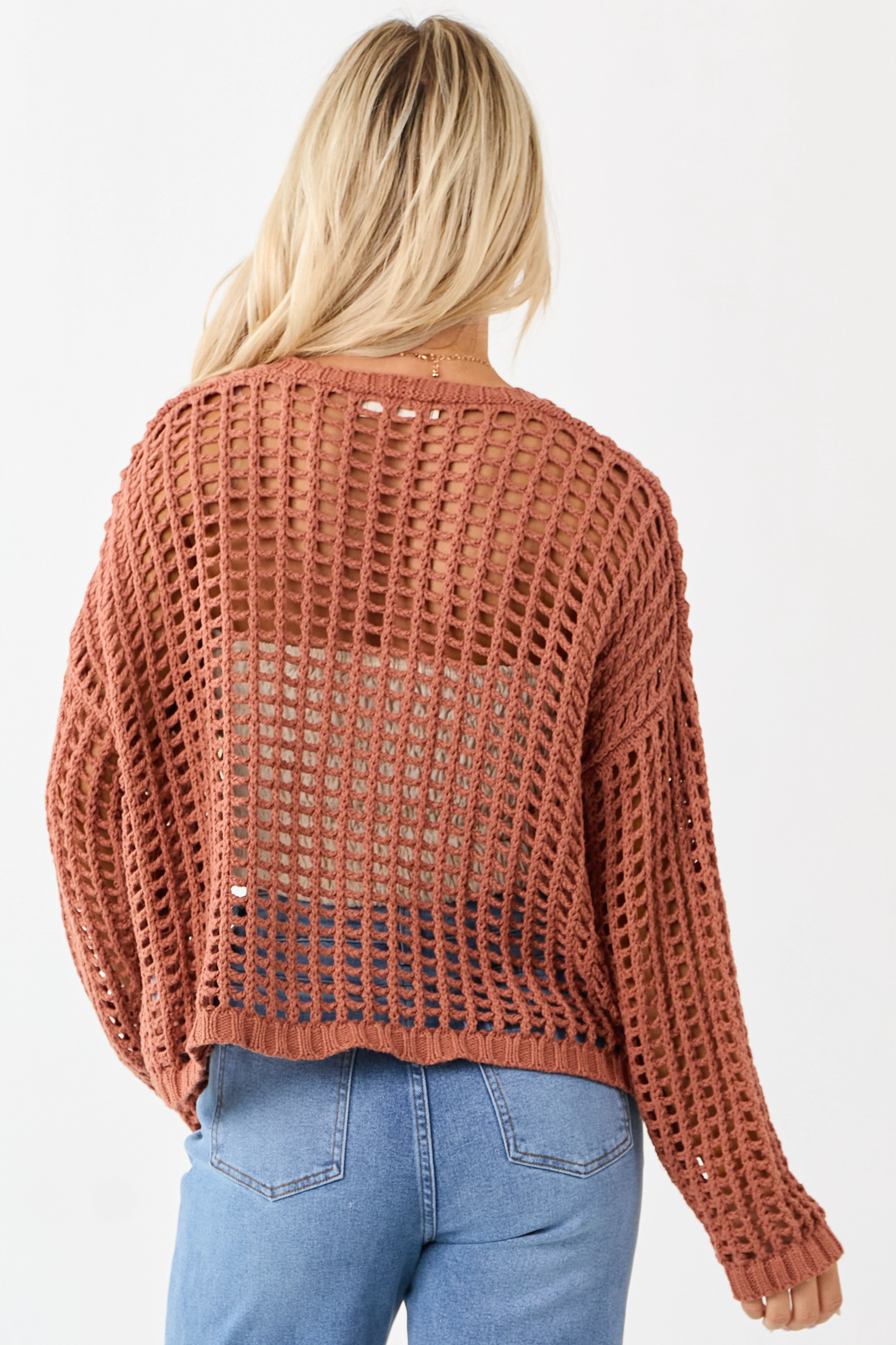 Terracotta Crochet Knit Open Front Cardigan - Image 5
