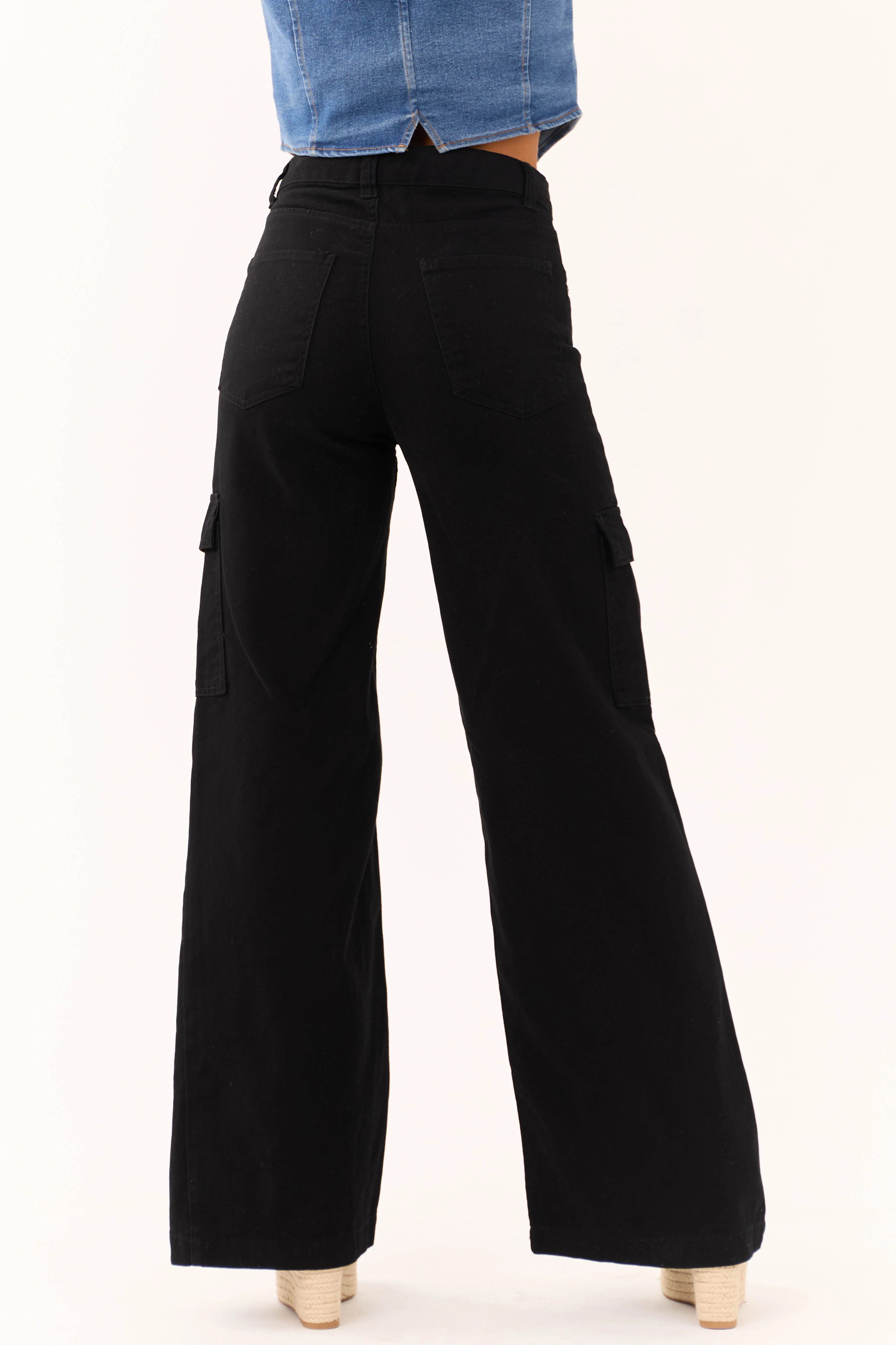 Timing Black High Rise Wide Leg Cargo Jeans with Pockets - Image 4