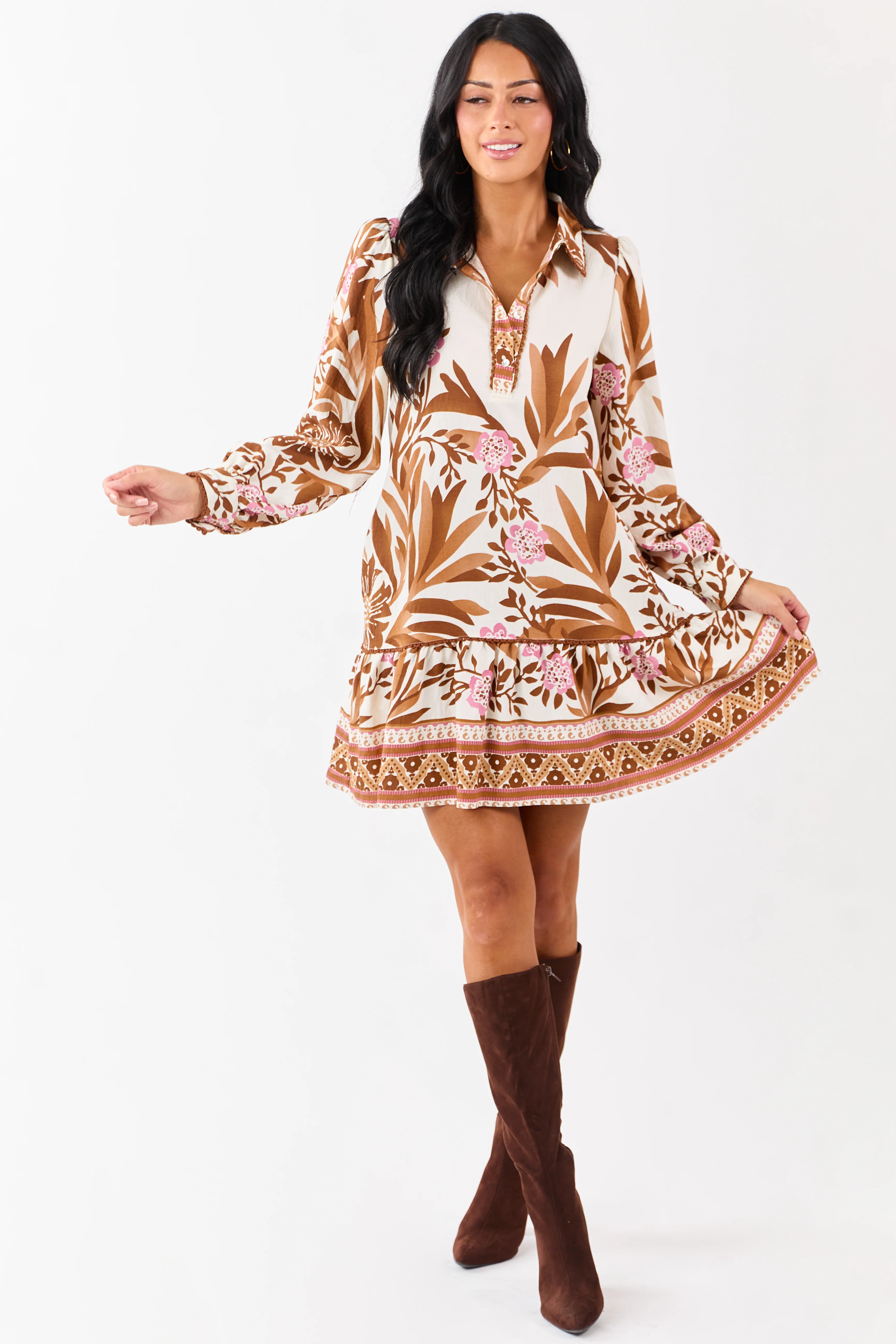 Vanilla Floral Print Half Button Up Mini Dress - Image 2