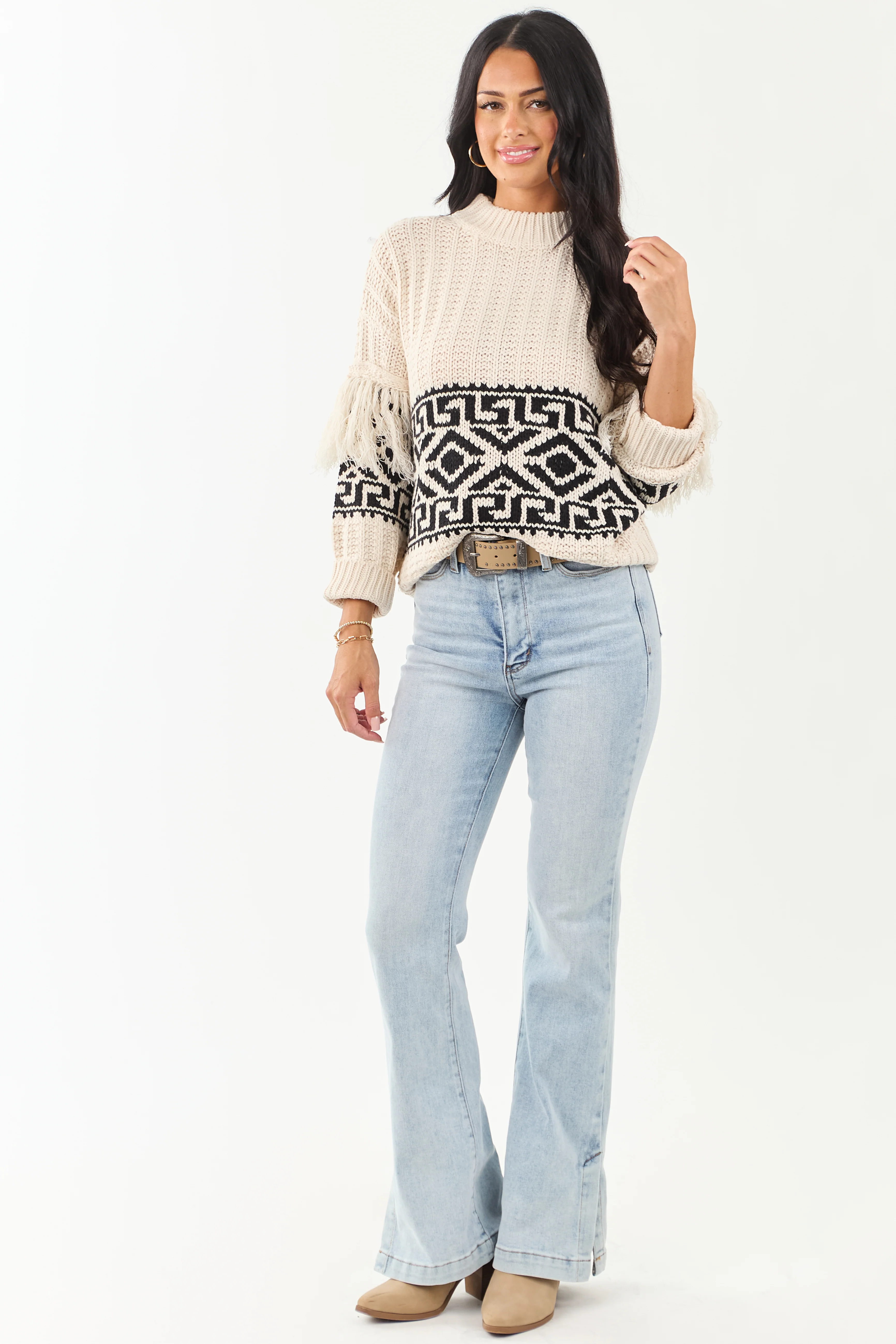 Vanilla Geometric Pattern Fringe Sleeve Knit Sweater - Image 2