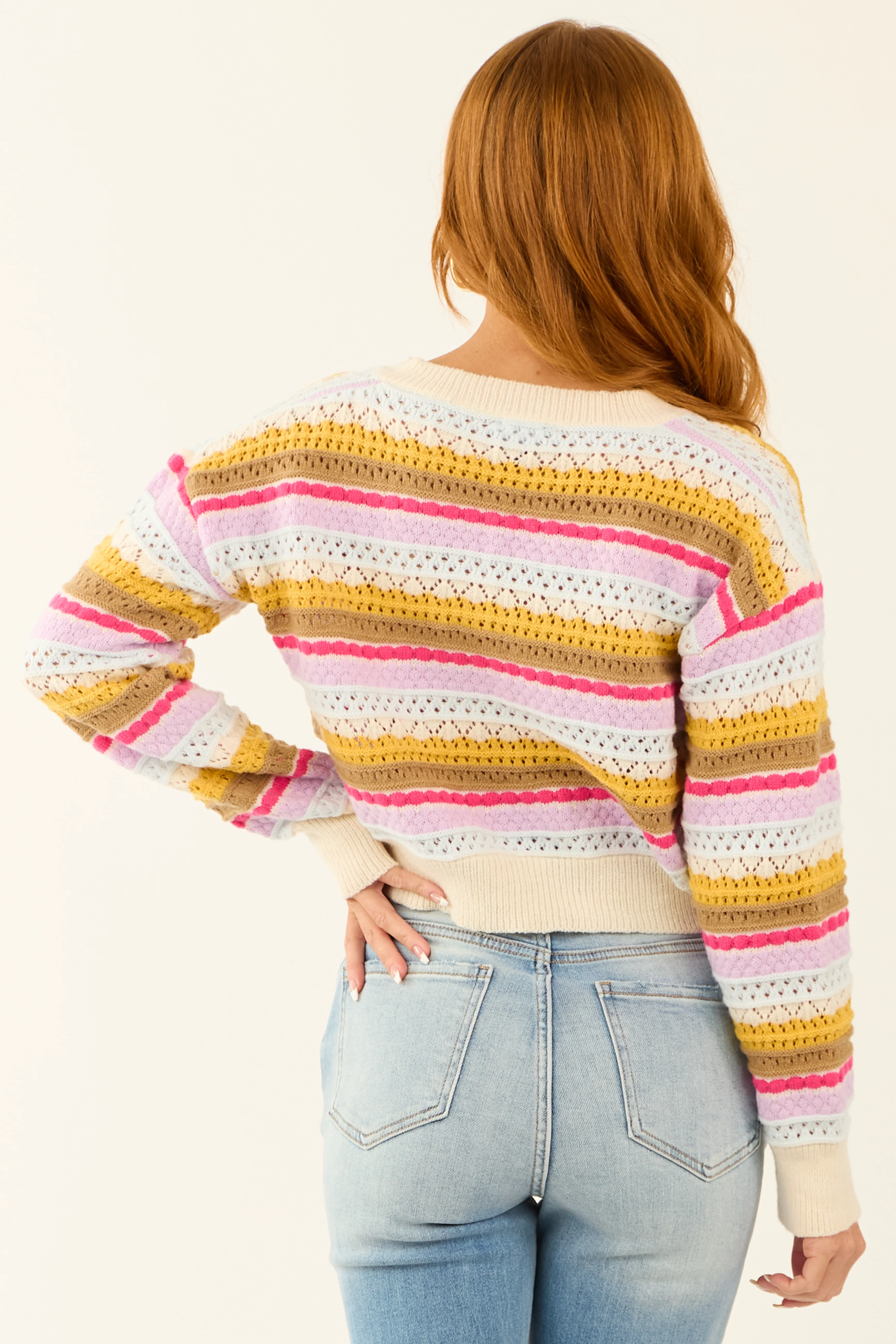 Vanilla Striped Pointelle Knit Cropped Sweater - Image 6