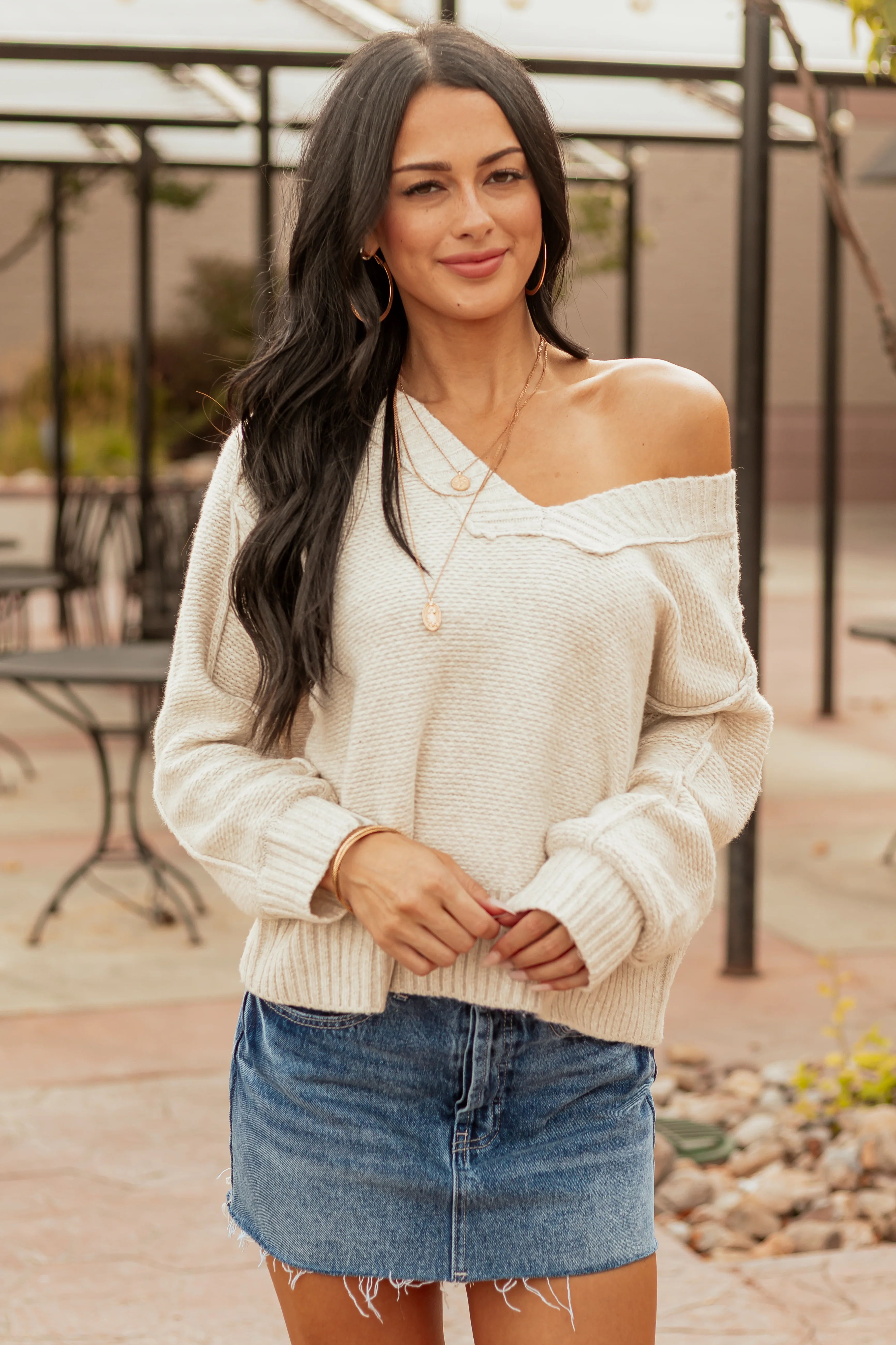 Vanilla V-Neck Ribbed Trim Relaxed Sweater - Image 2