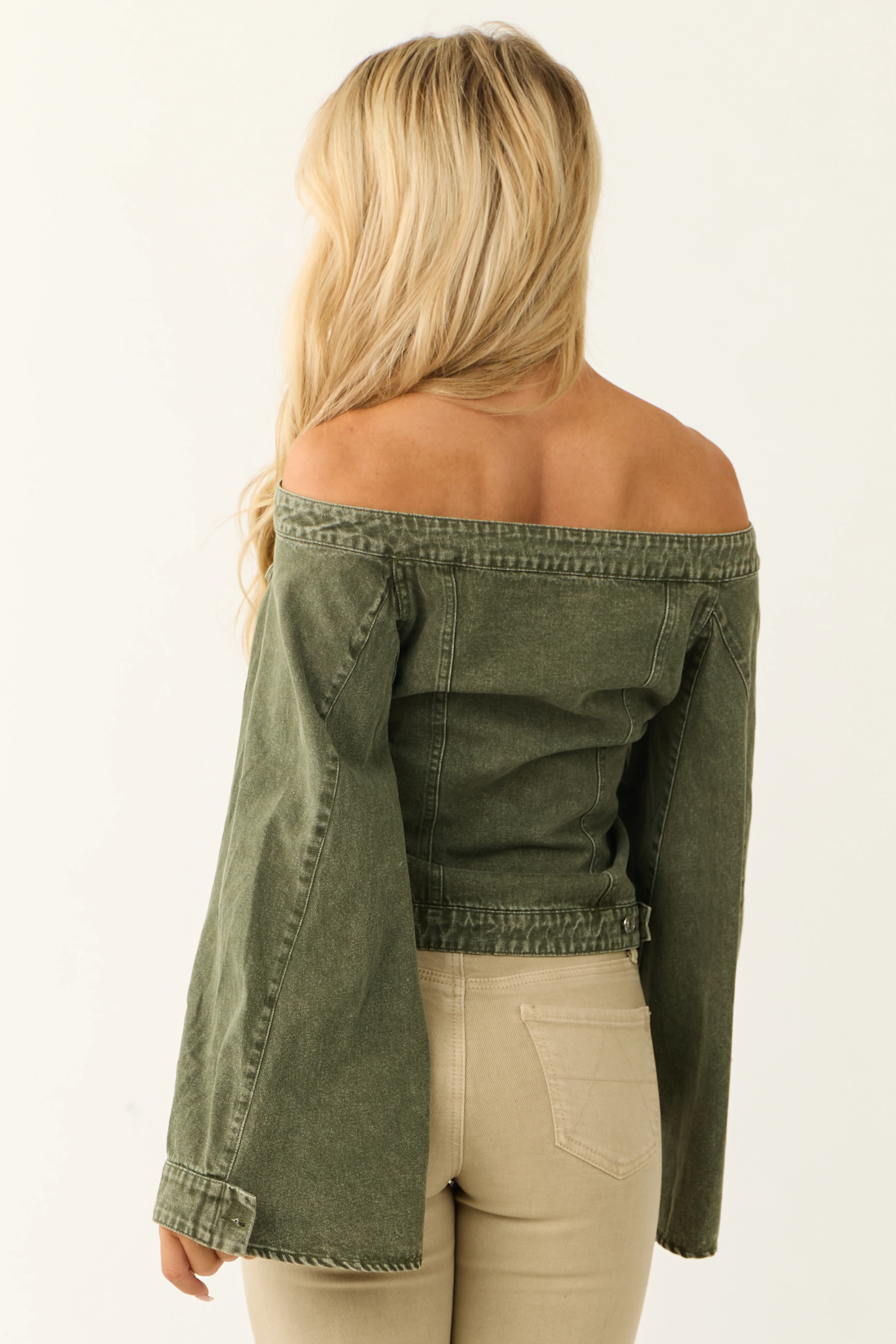Washed Army Green Off the Shoulder Denim Jacket - Image 5