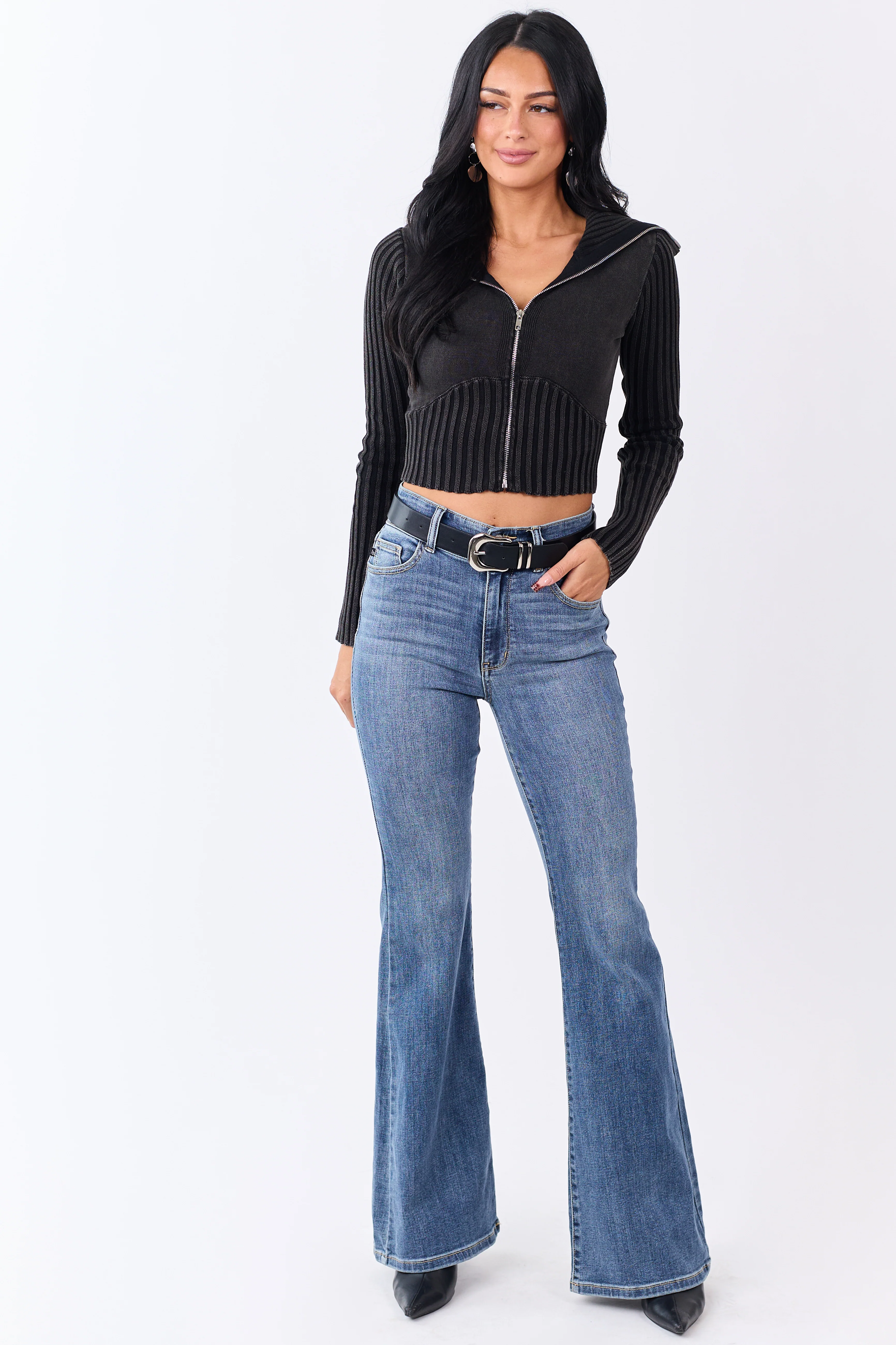 Washed Black Ribbed Cotton Knit Zip Up Crop Jacket - Image 2