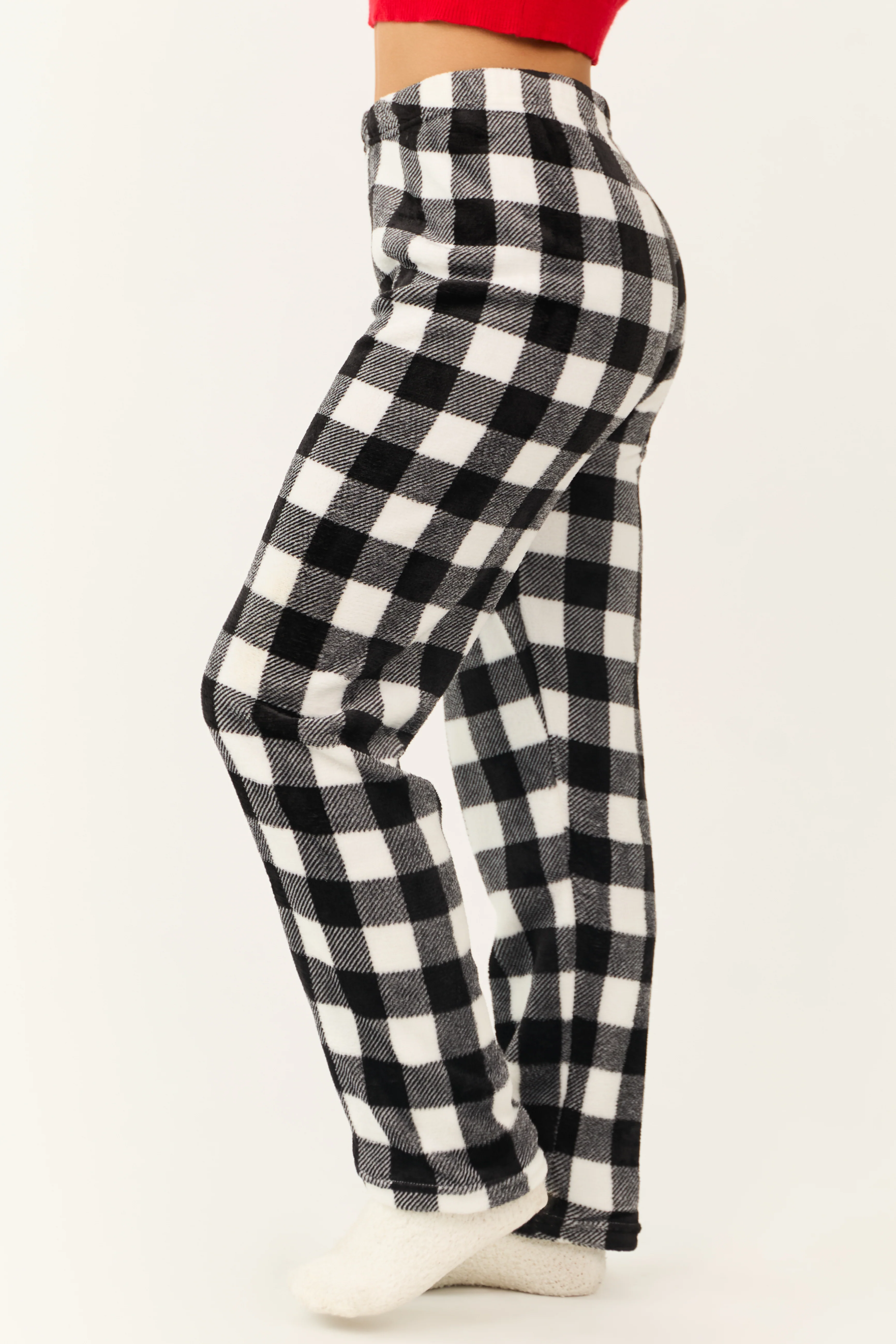 White and Black Buffalo Plaid Fleece Pajama Pants - Image 3