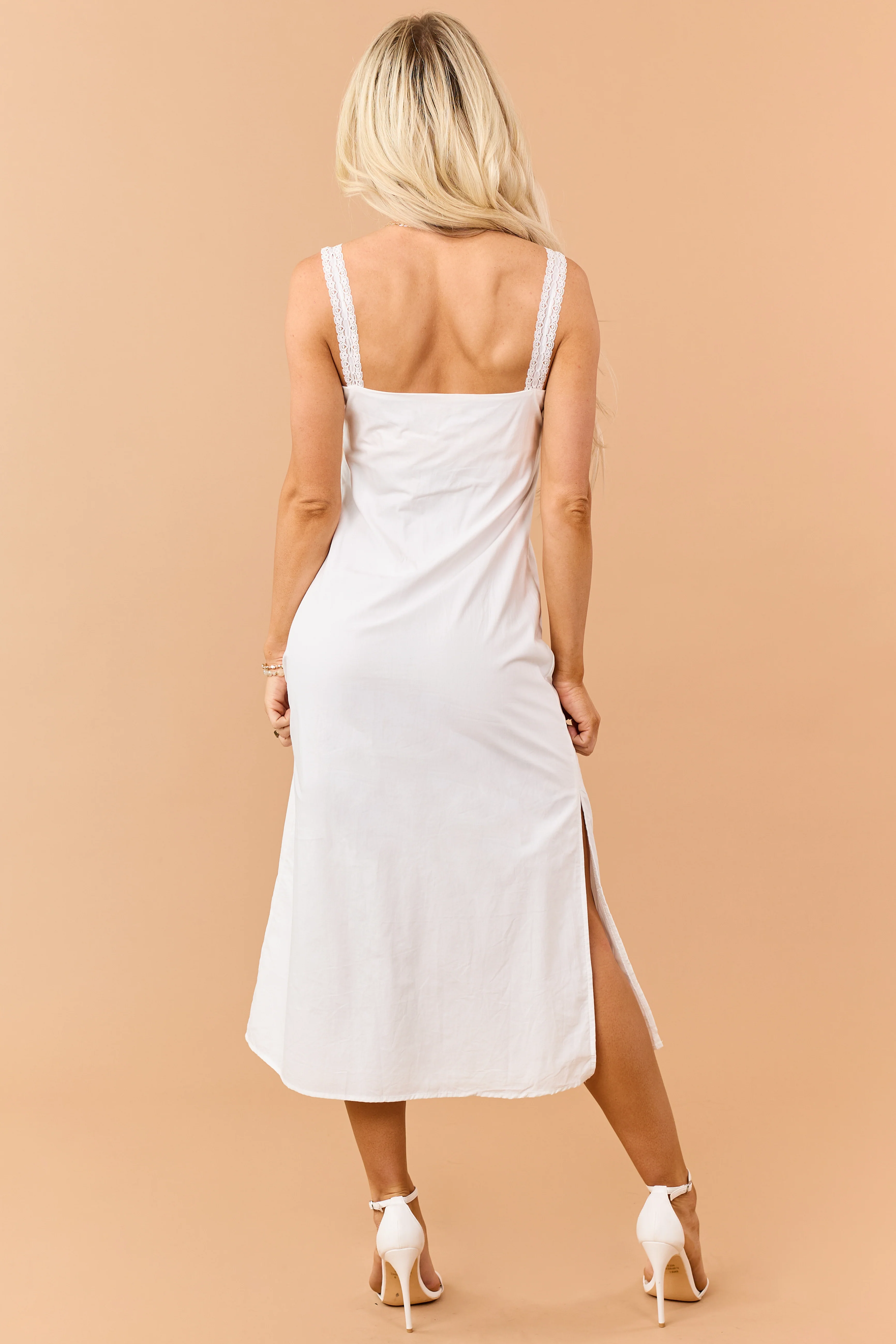 White Cotton Floral Embroidered Lace Trim Midi Dress - Image 5