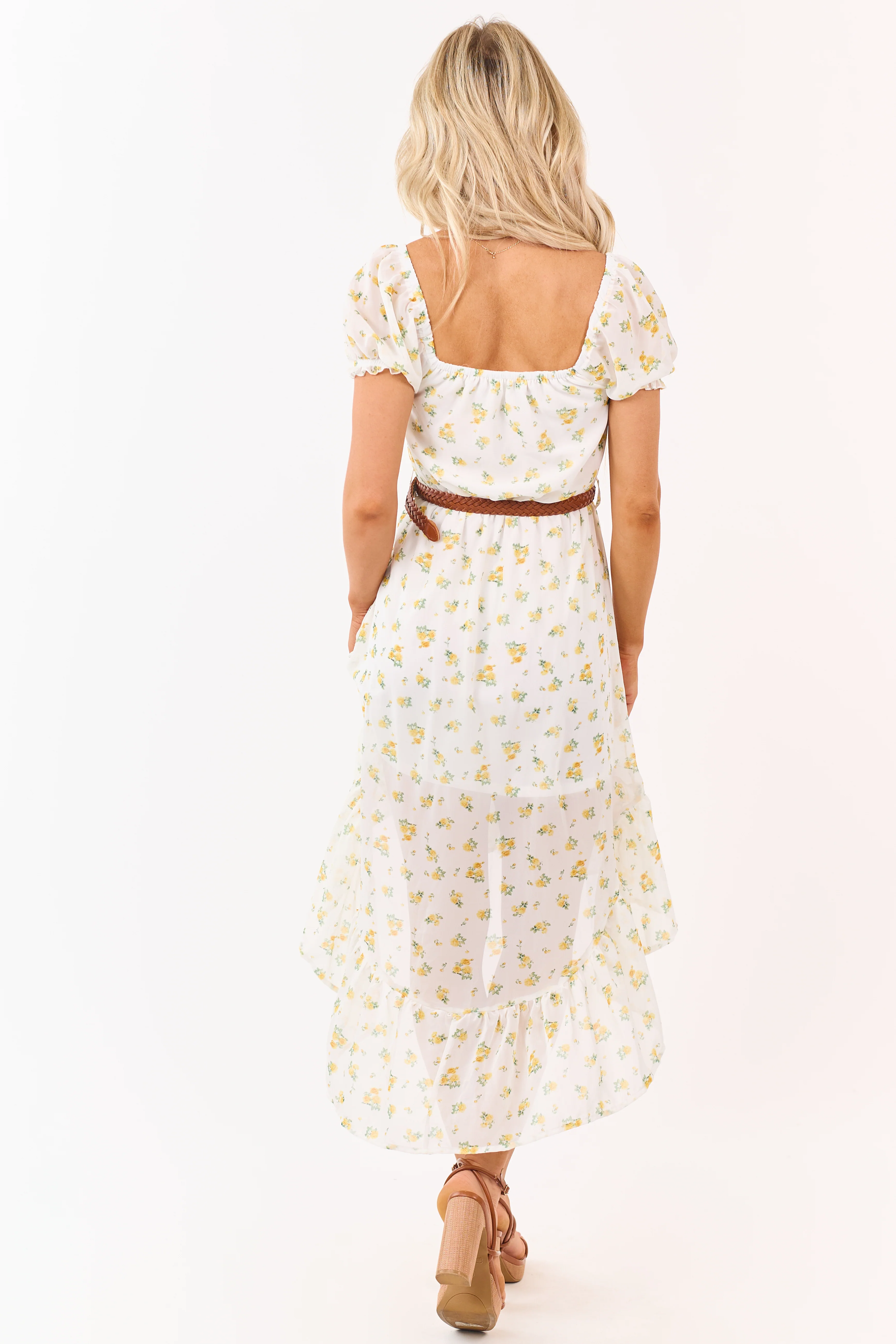 White Floral Print High Low Hem Belted Mini Dress - Image 6