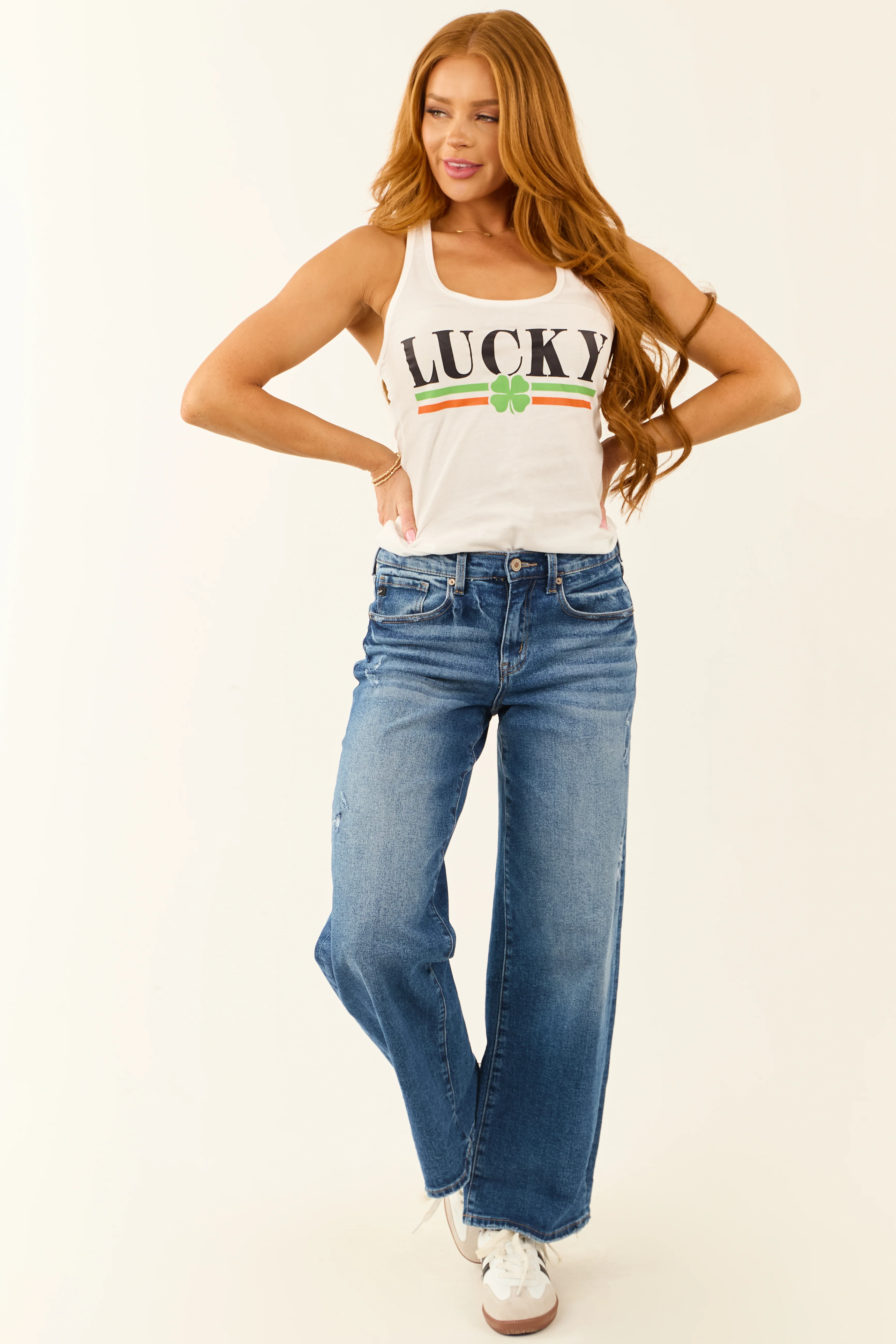 White 'Lucky' Clover Graphic Racerback Tank Top - Image 2