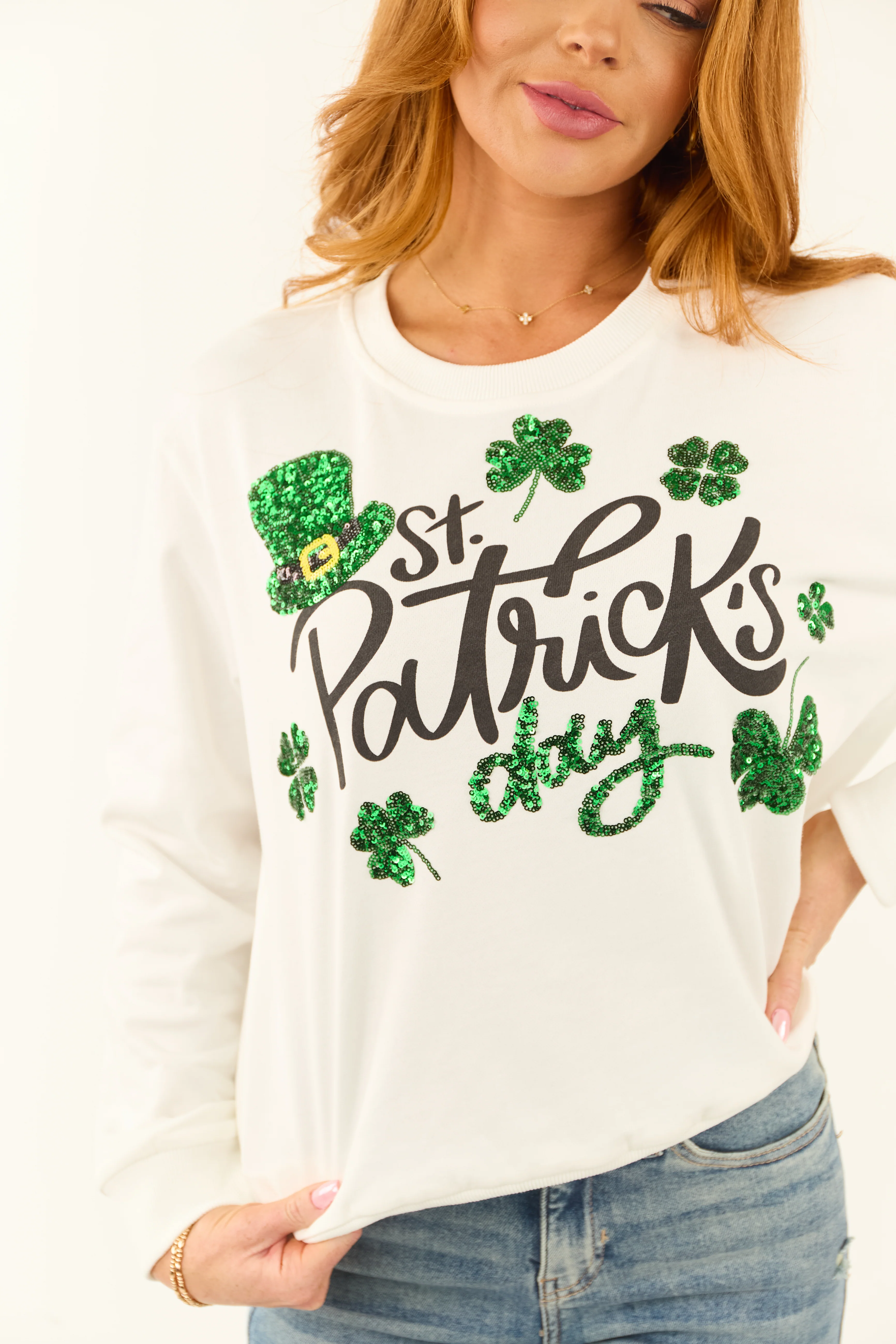 White 'St Patrick's Day' Sequin Graphic Sweatshirt - Image 6