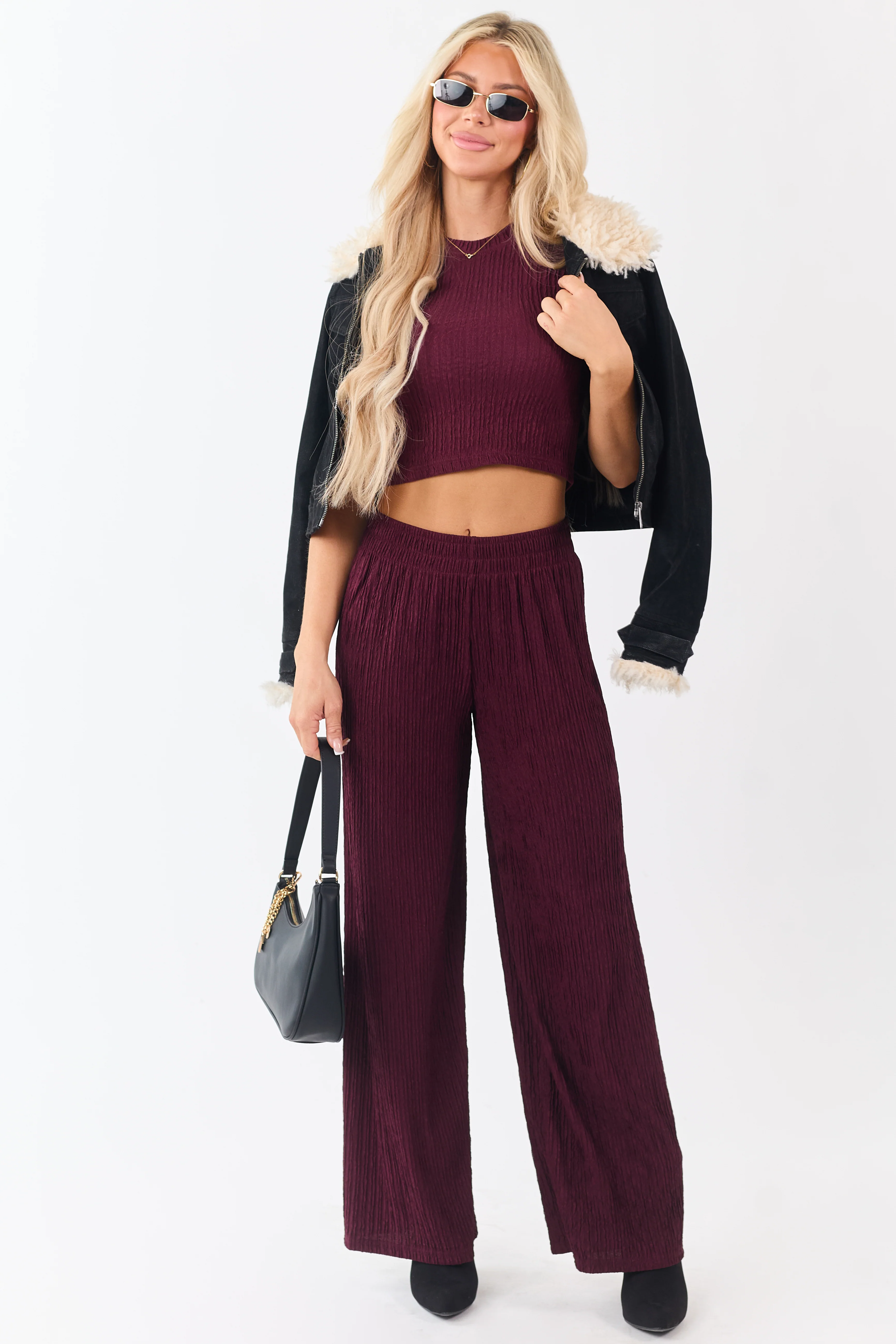 Wine Crinkled Plisse Crop Tank Top and Pants Set - Image 3