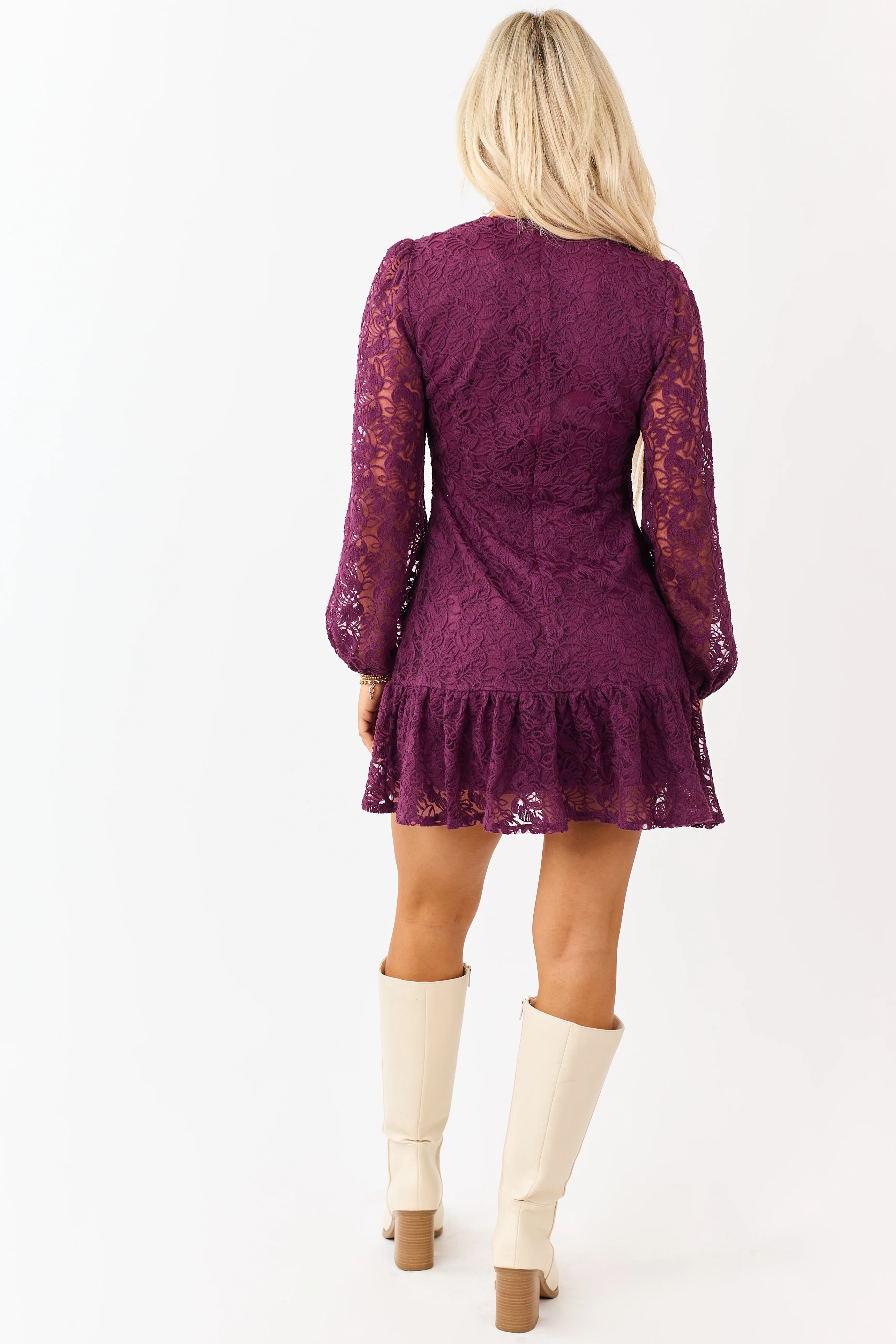 Wine Floral Lace Long Sleeve Ruffle Hem Mini Dress - Image 4