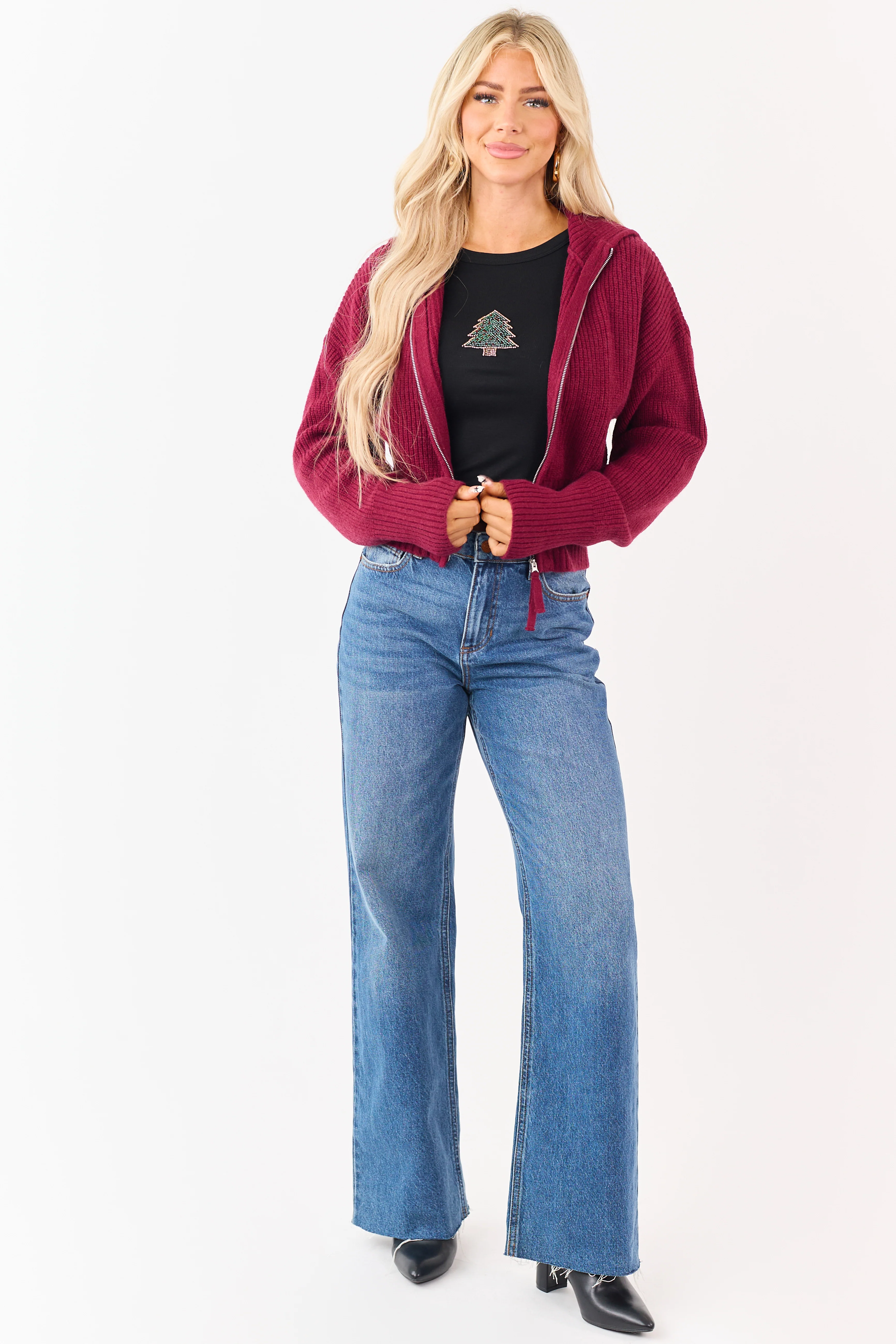 Wine Two-Way Zipper Knit Sweater Jacket - Image 3