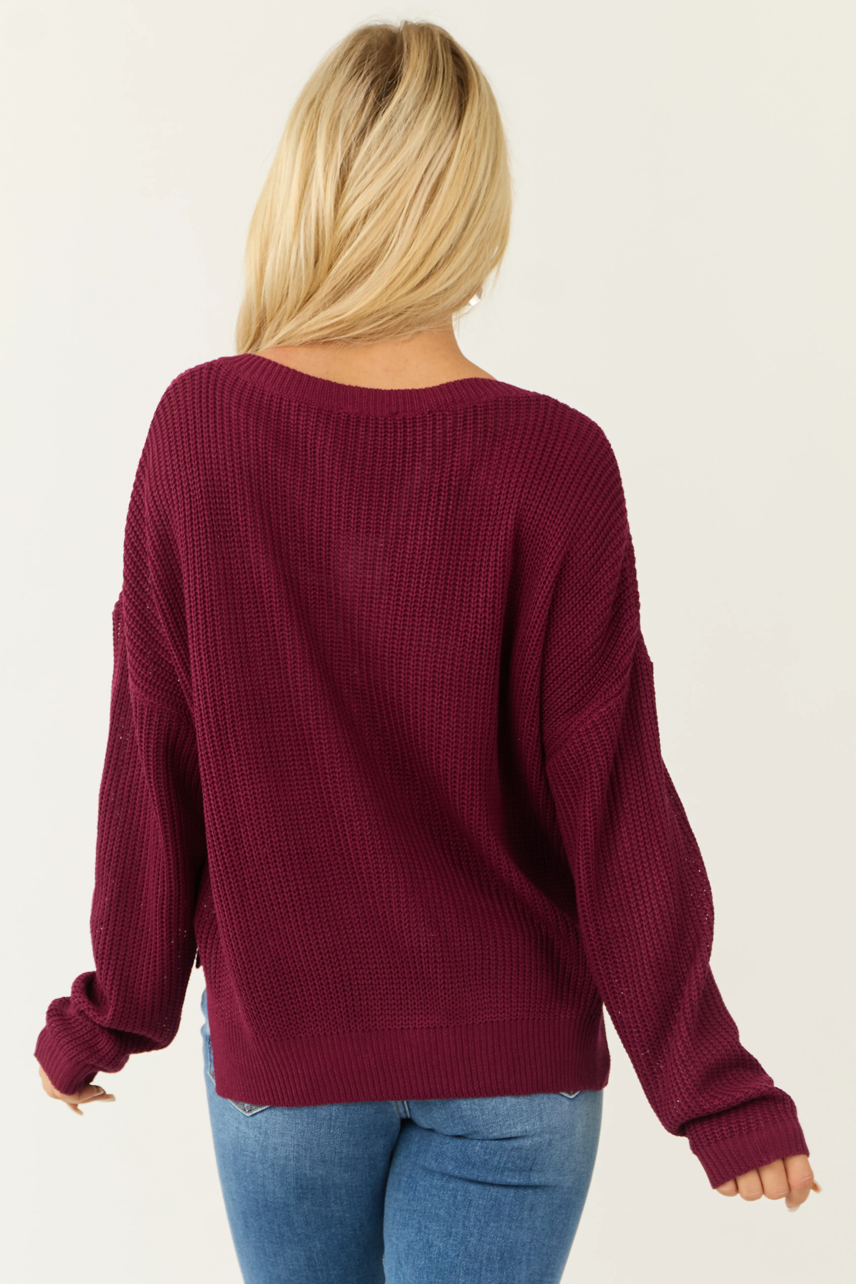 Wine V Neck Chest Pocket Knit Sweater - Image 6