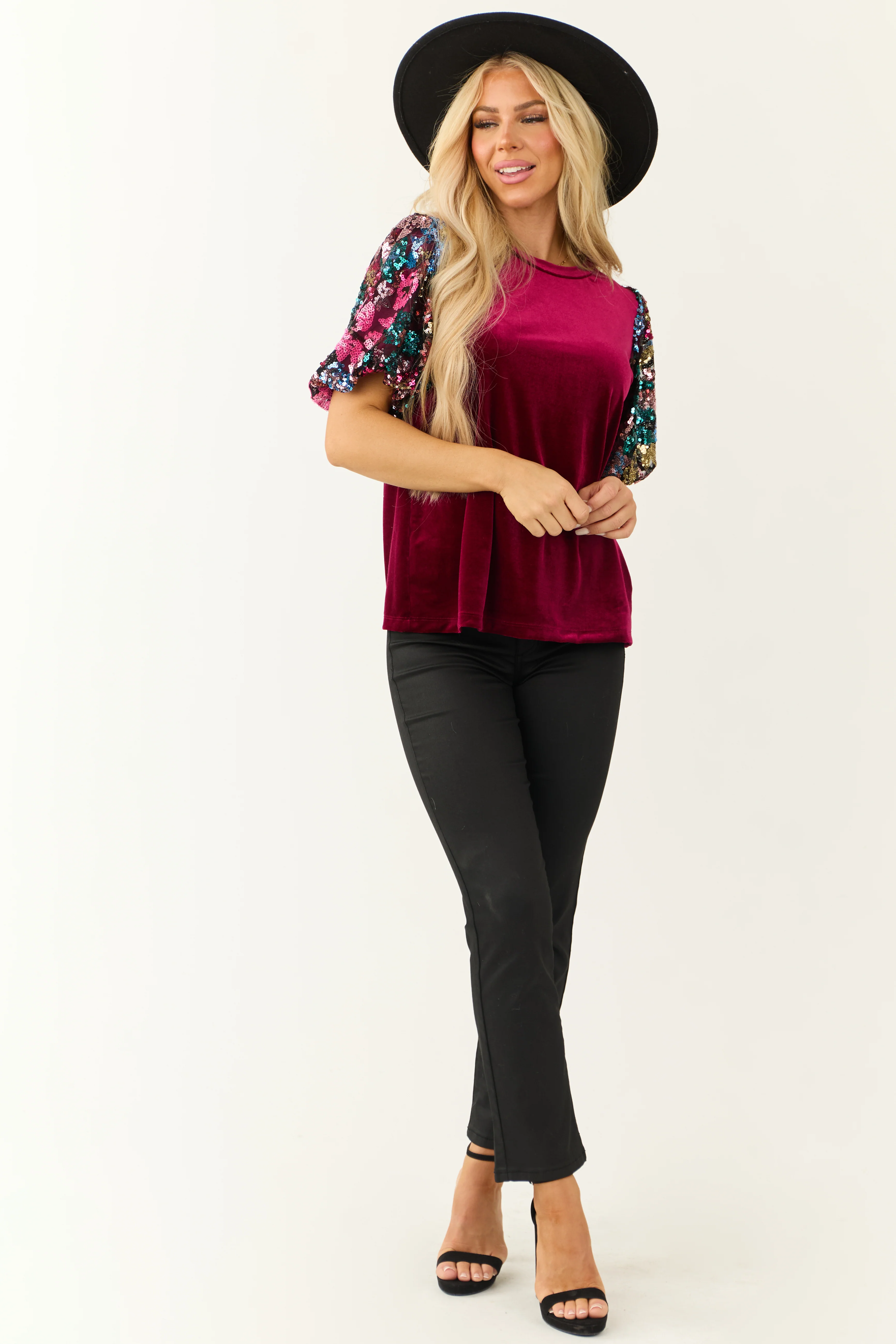 Wine Velvet Half Sequin Puff Sleeve Top - Image 4