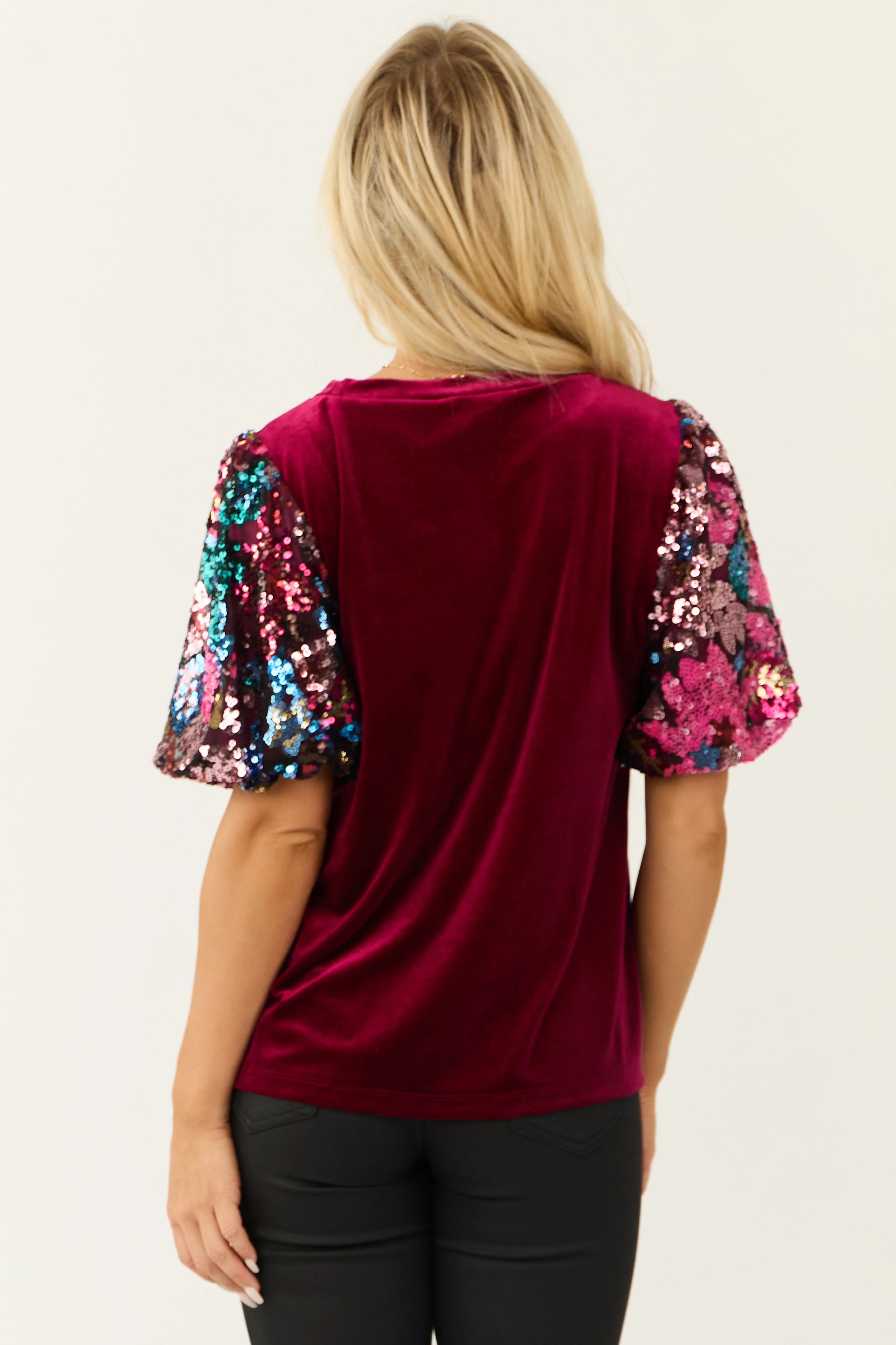Wine Velvet Half Sequin Puff Sleeve Top - Image 6